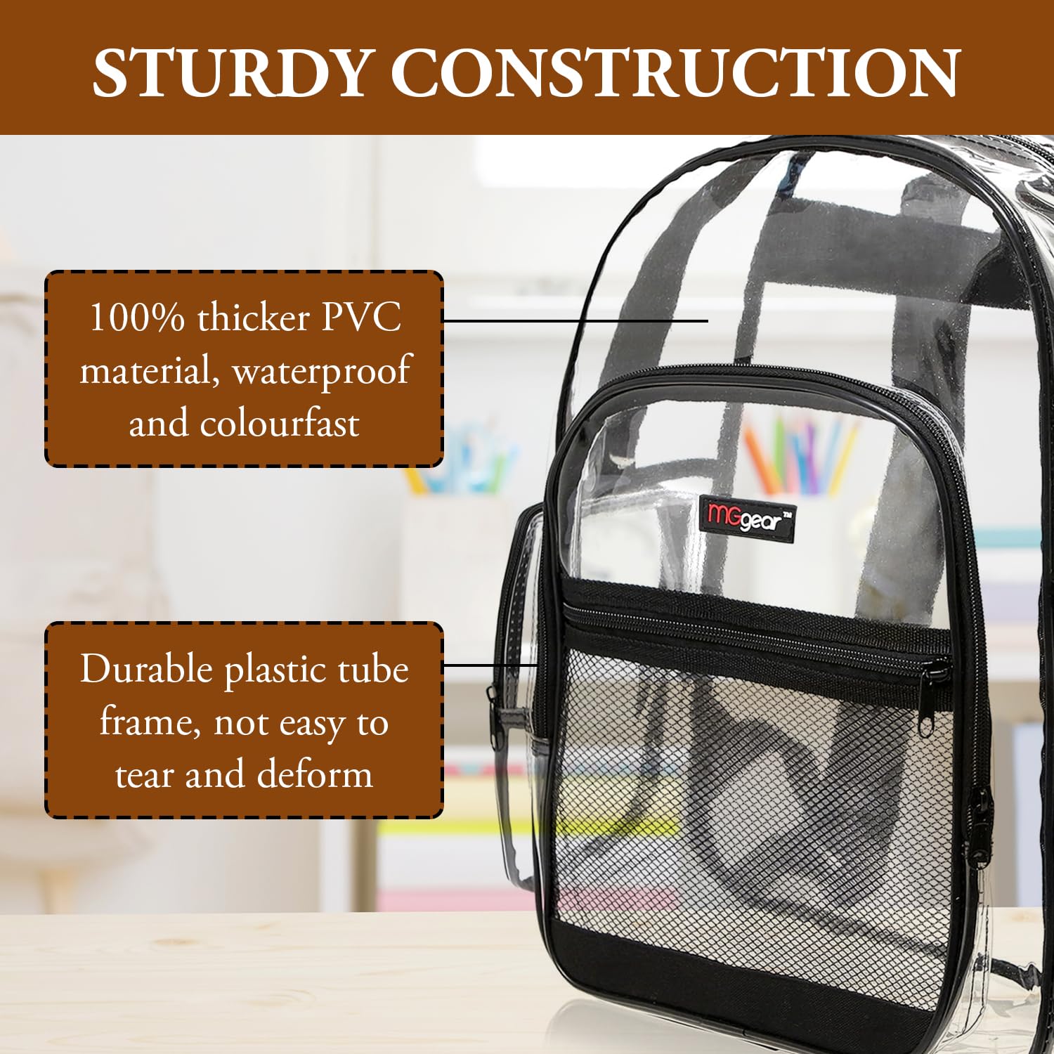 MGgear 17 Inch Clear PVC Backpack with 5 Zipper Compartments – School & Event Bag