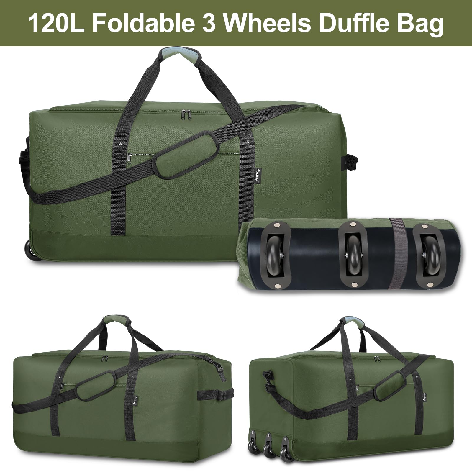 Finnhomy 120L Foldable Rolling Duffel Bag with 3 Wheels, Lightweight Extra Large 32-Inch Travel Duffel with Shoulder Strap (Green)