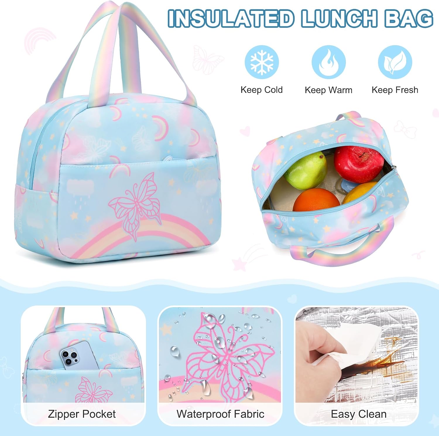 Rainbow Butterfly Backpack for Girls with Lunch Bag & Pencil Case Set, Kids School Backpack for Kindergarten, Elementary & Middle School Students