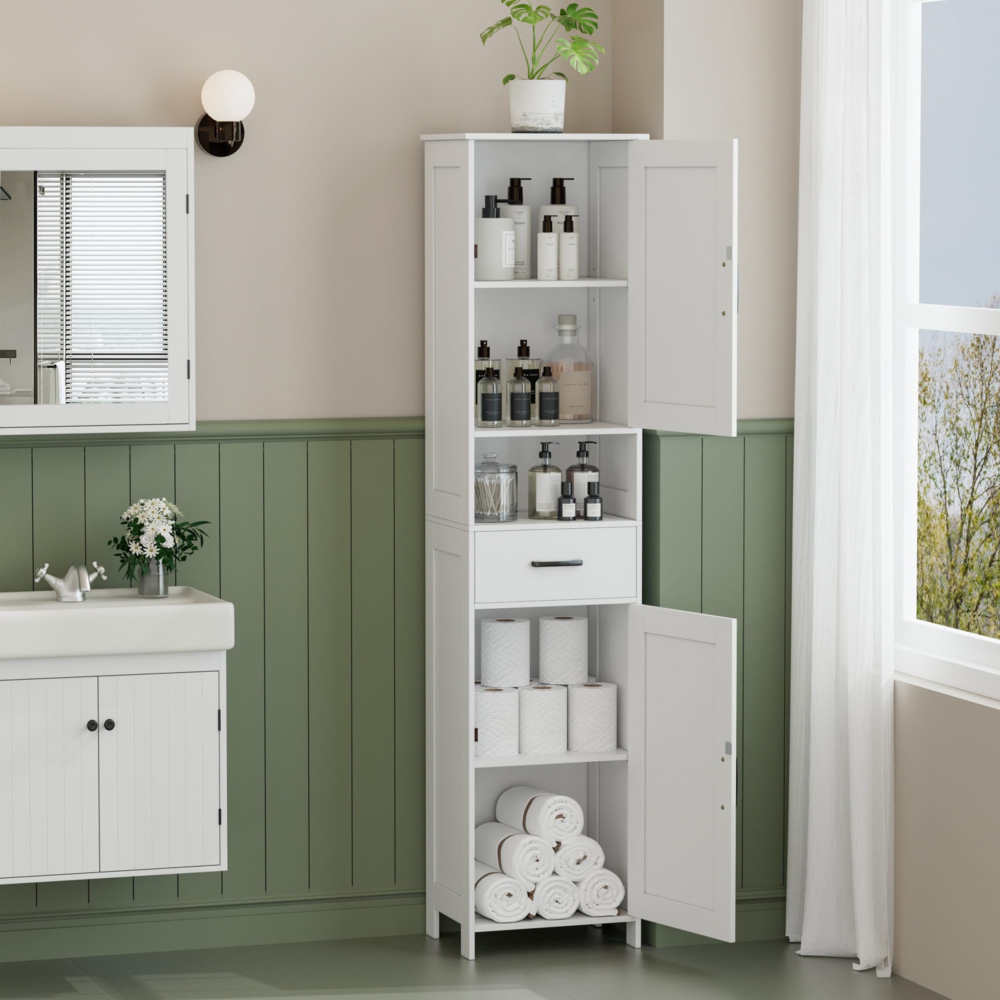 HOMHEDY 67" Tall Bathroom Storage Cabinet – Slim Floor Cabinet with Barn Doors, Drawer & Adjustable Shelves (White)