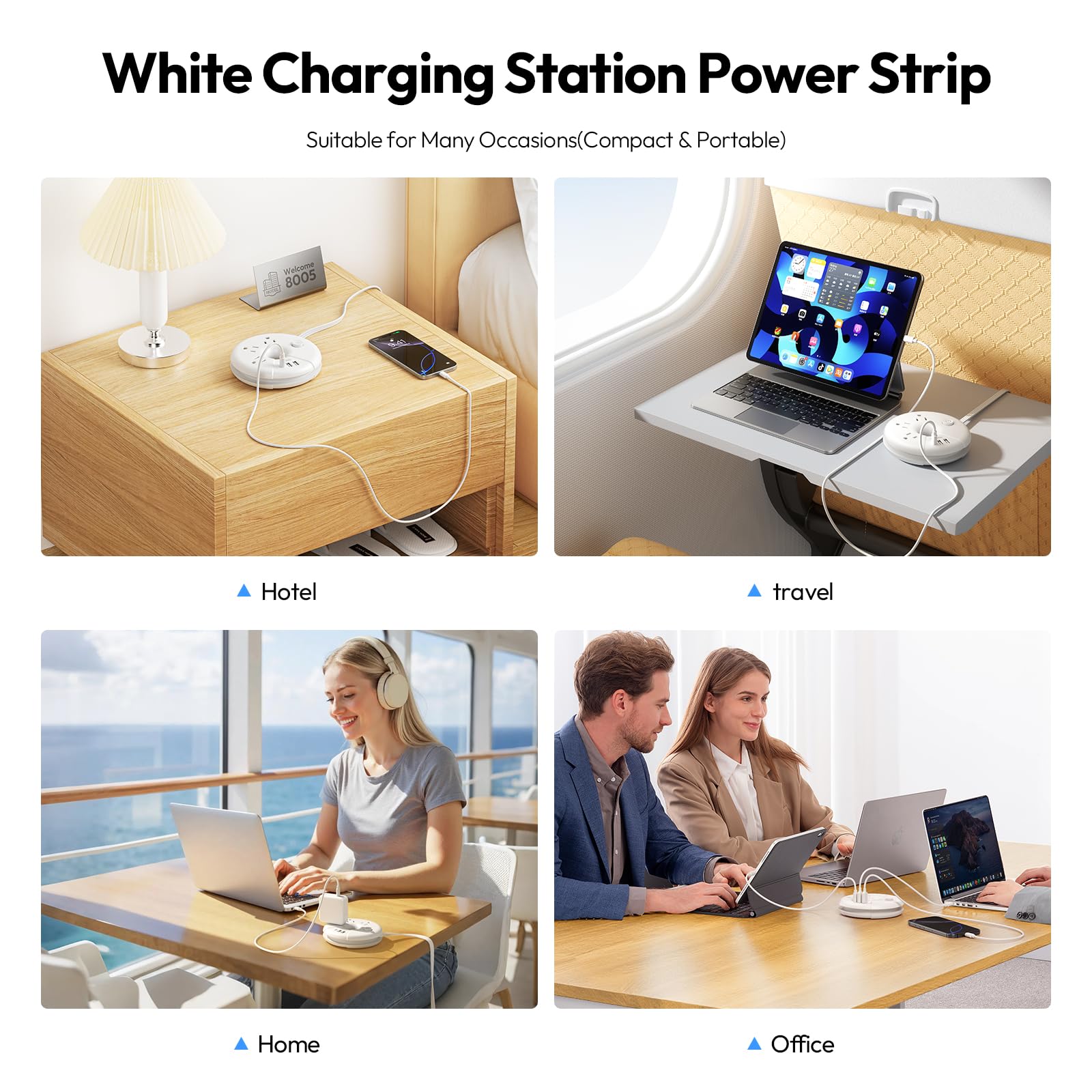 Compact Travel Power Strip with 3 Outlets & 3 USB Ports – Desktop Charging Station with 3ft Cord (White)