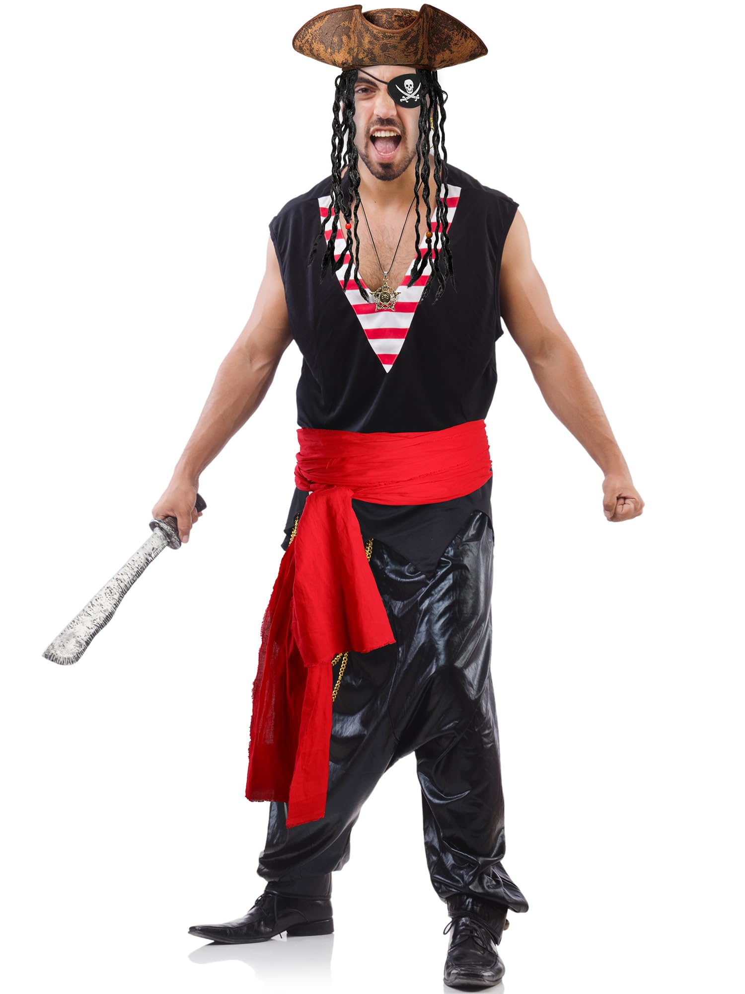 Red Pirate Costume Accessory Set – 5PCS Complete Outfit Kit with Hat, Sash, Eye Patch, Necklace & Earring