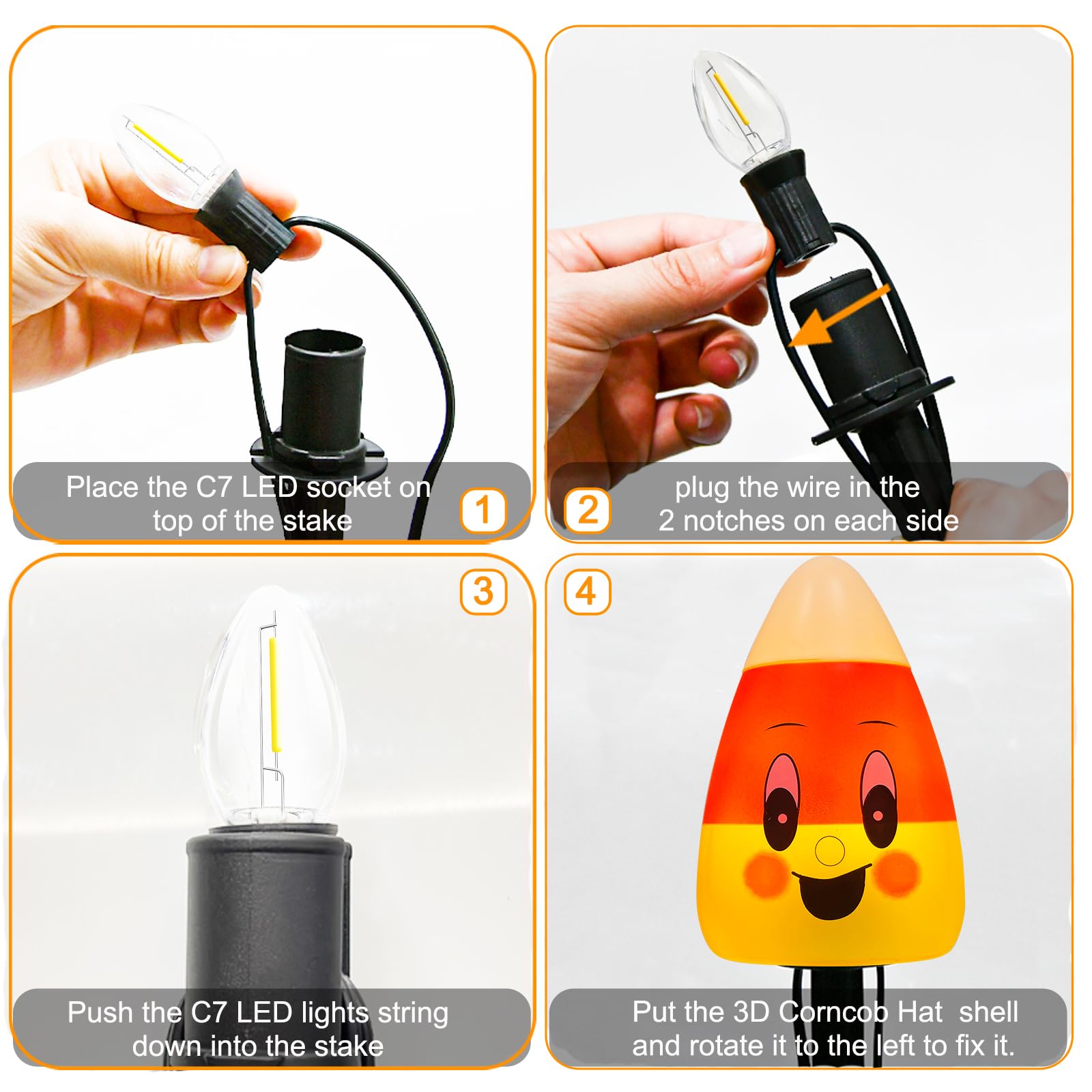 7FT Halloween Candy Corn Pathway Lights – Outdoor LED Walkway Marker Stakes (4 Corncob Lights, Waterproof, Connectable)