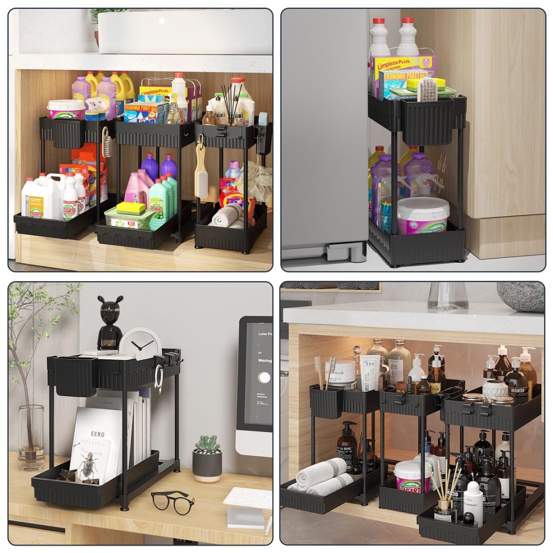 Under Sink Organizer Set (3-Pack) – 2-Tier Sliding Storage Shelves for Kitchen & Bathroom Cabinets