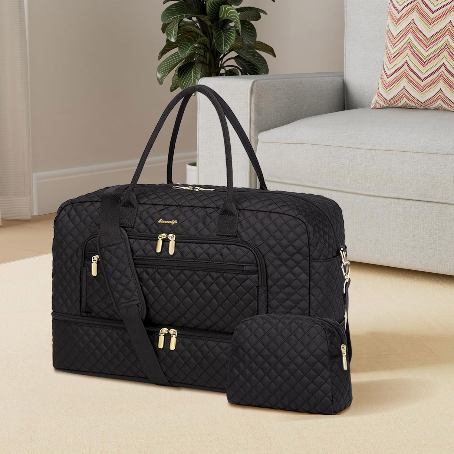 LUOCIP Large Women’s Travel Duffle Bag – Carry-On Weekender with Wet Pocket, Shoe Compartment & Toiletry Bag (Black)