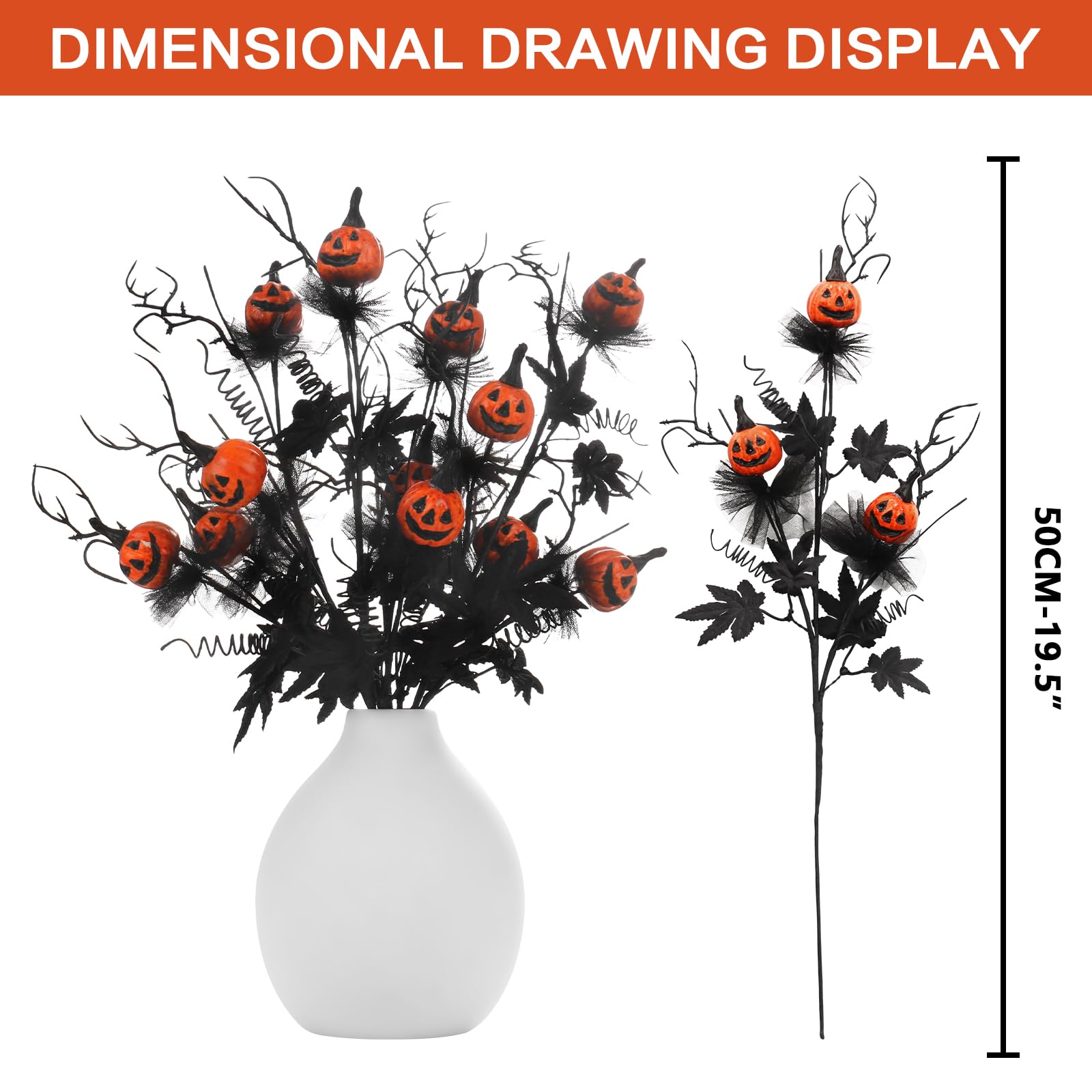 Artificial Pumpkin & Maple Leaf Stems – 5-Piece Halloween Floral Decoration Set (Black/Orange, 19.5”)