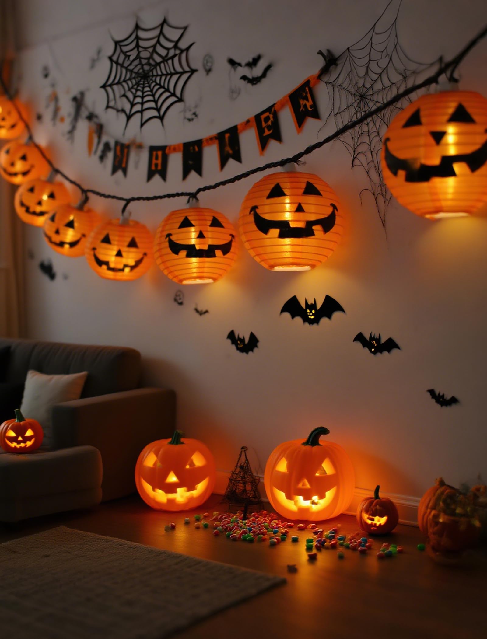 Orange Fabric Pumpkin Lantern String Lights – 12Ft, 20 LED UL Certified, Indoor/Outdoor Halloween Decor