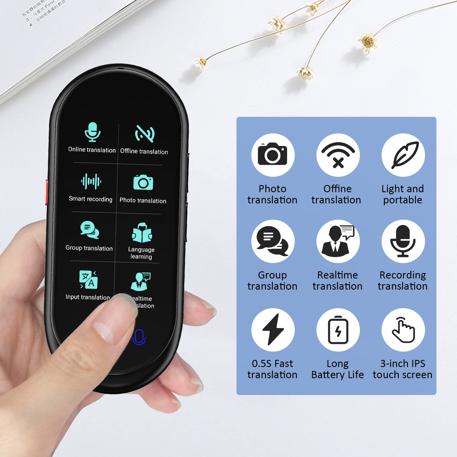 AI Smart Voice Translator Device with Photo Translation & Offline Languages – Portable Travel Language Assistant Black