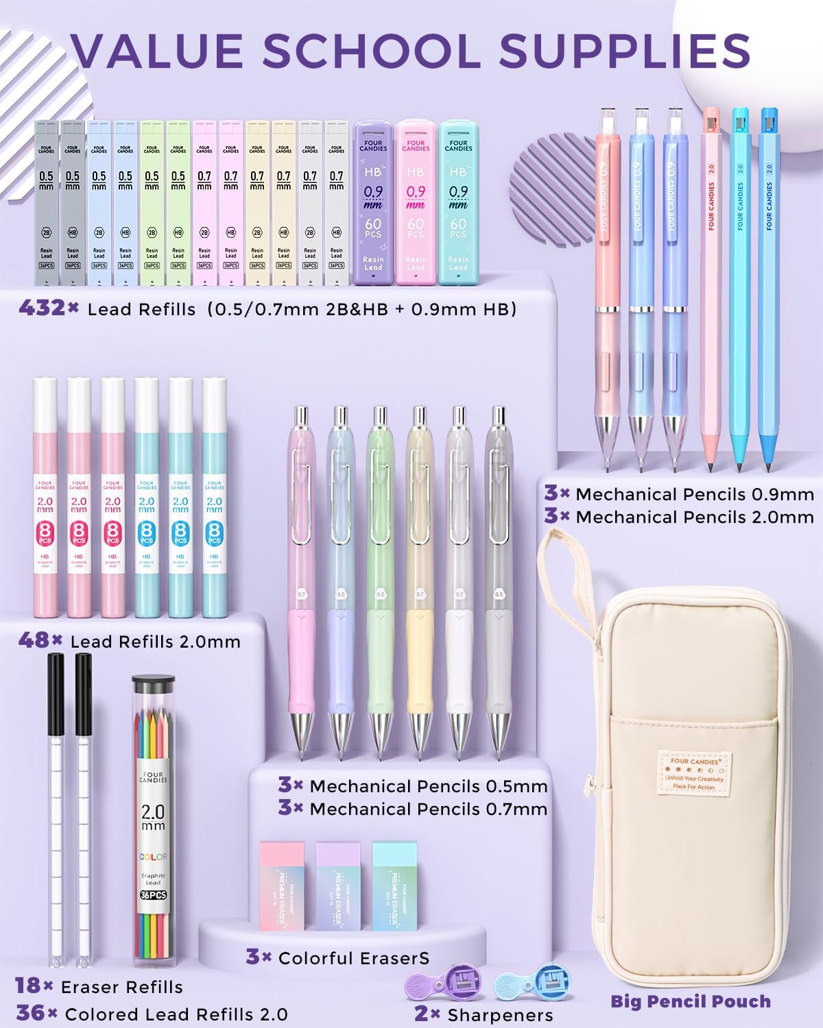 Cream 42-Piece Mechanical Pencil Set with 696 Refills