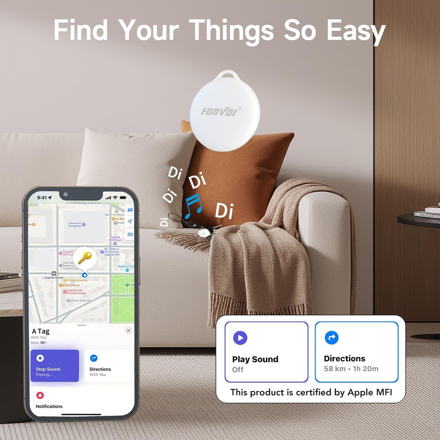 FONVOi Bluetooth Tracker Tag 4 Pack, Apple Find My Compatible Smart Item Locator with Loud Alarm and Replaceable Battery