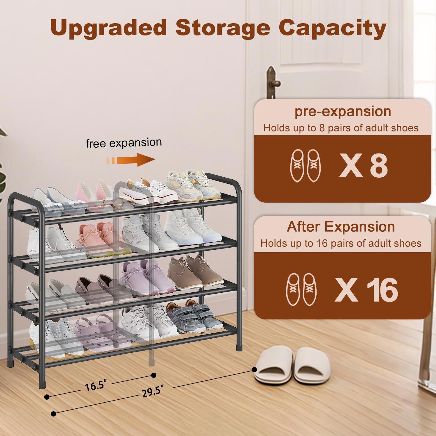 KANAV 4-Tier Expandable Shoe Rack – Adjustable Stainless Steel Shoe Organizer for Entryway & Closet (Black)