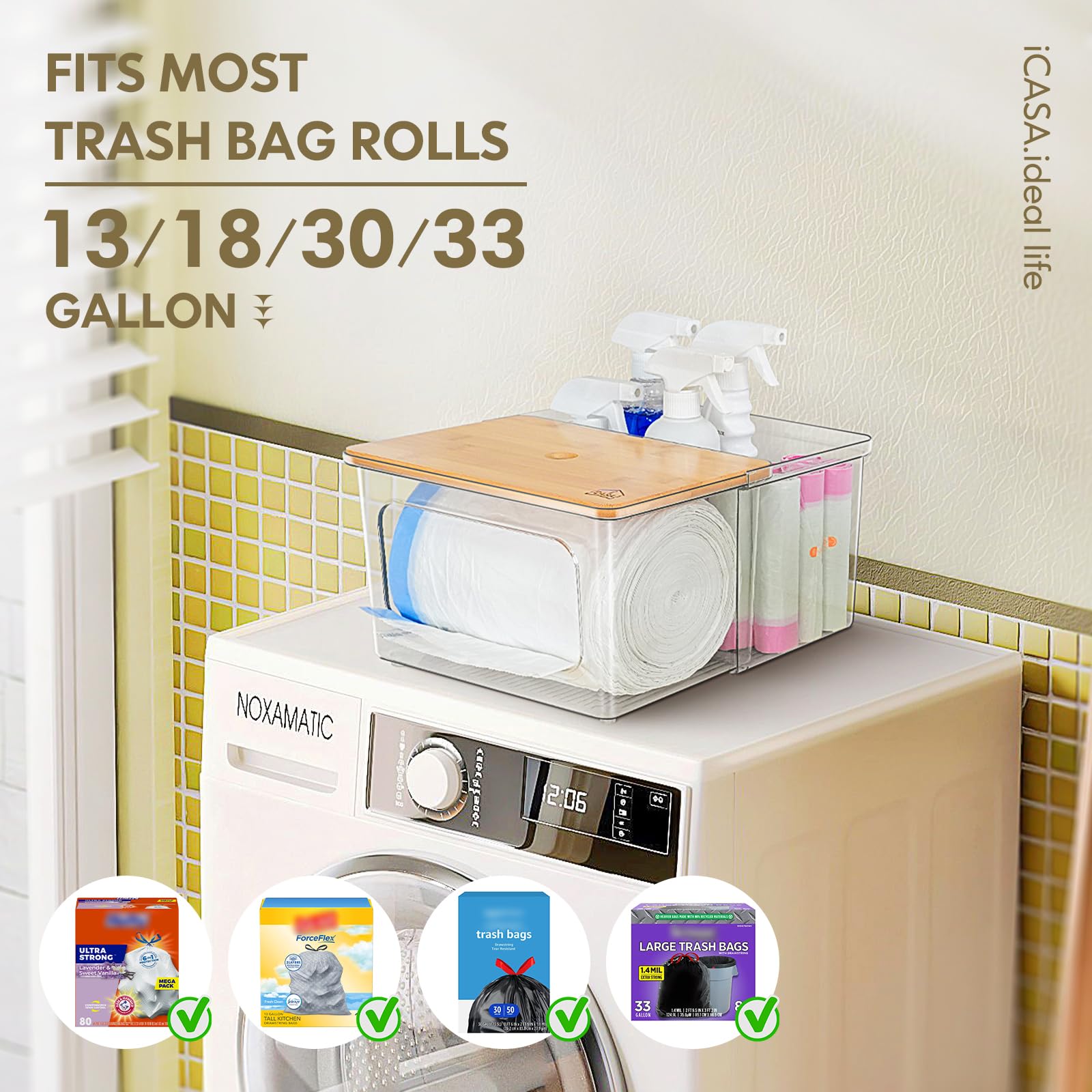 2-in-1 Trash Bag Dispenser & Pull-Out Under-Sink Organizer – Acrylic with Bamboo Lid (Clear)