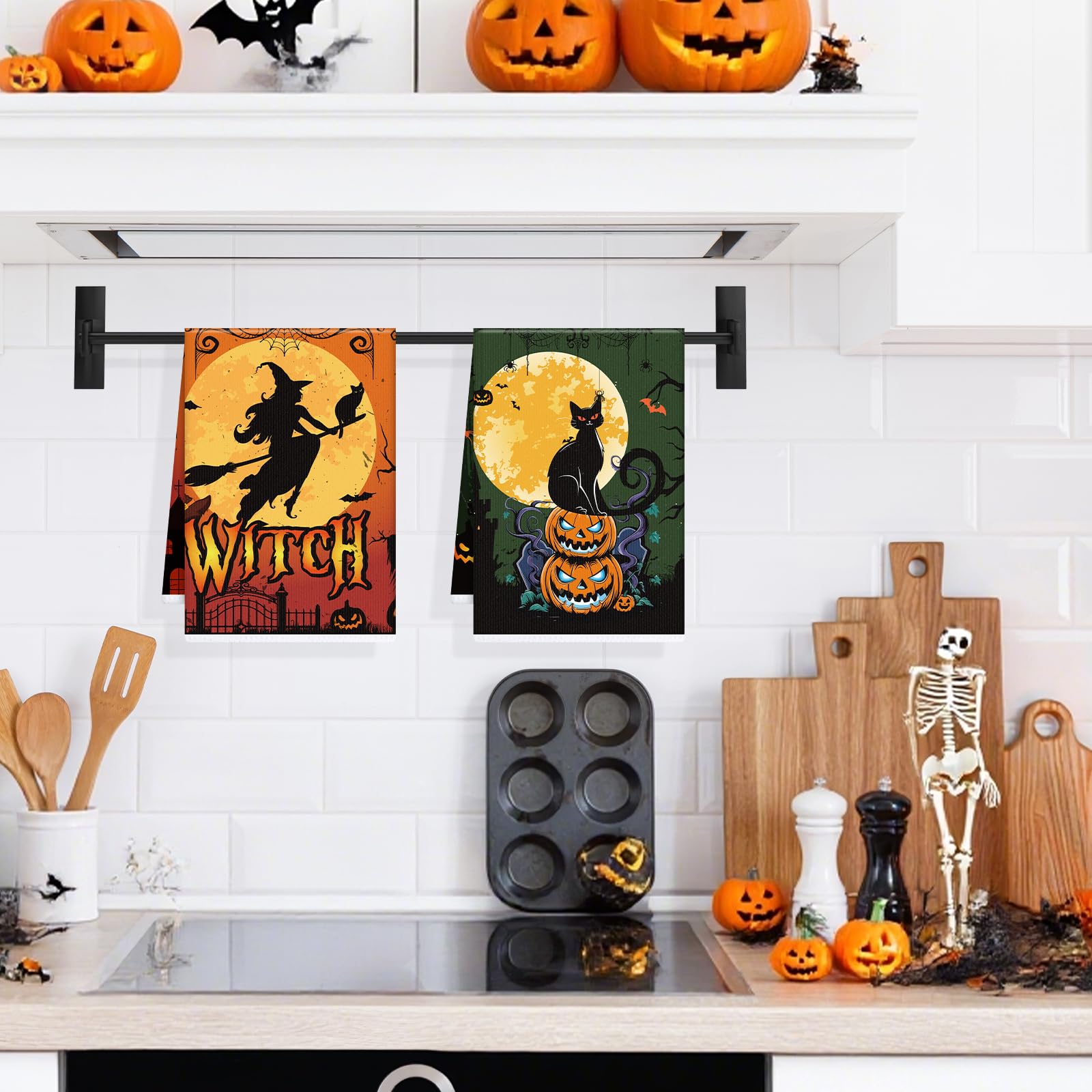 Halloween Kitchen Towels Set of 4 – Spooky Multicolor Microfiber Dish & Hand Towels with Pumpkins and Black Cats