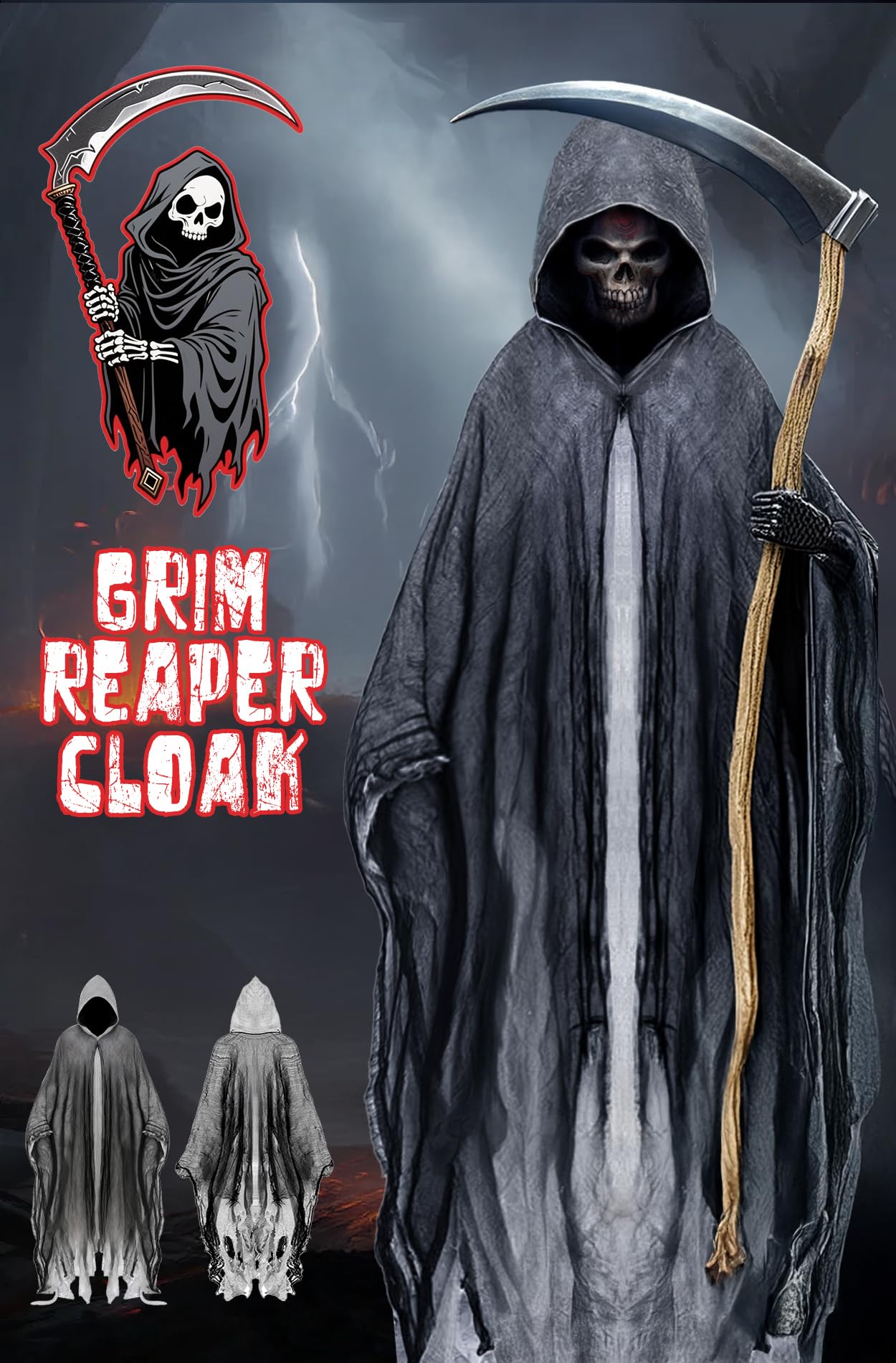 Grim Reaper Cloak – Gray Full-Length Hooded Robe for Adults, Halloween Horror Costume
