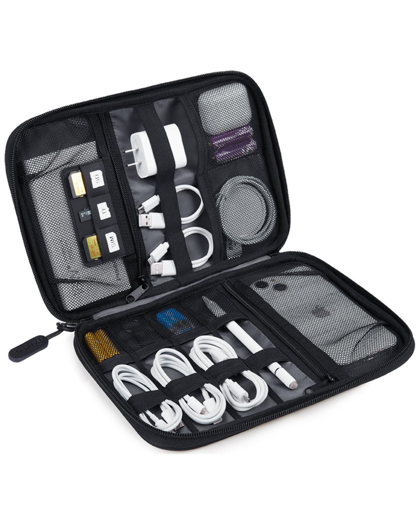 Travel Electronics Organizer Case – Portable Cable Organizer Bag with Dual Zippers, Mesh Pockets & Elastic Loops for Chargers, SD Cards, Power Banks and Accessories