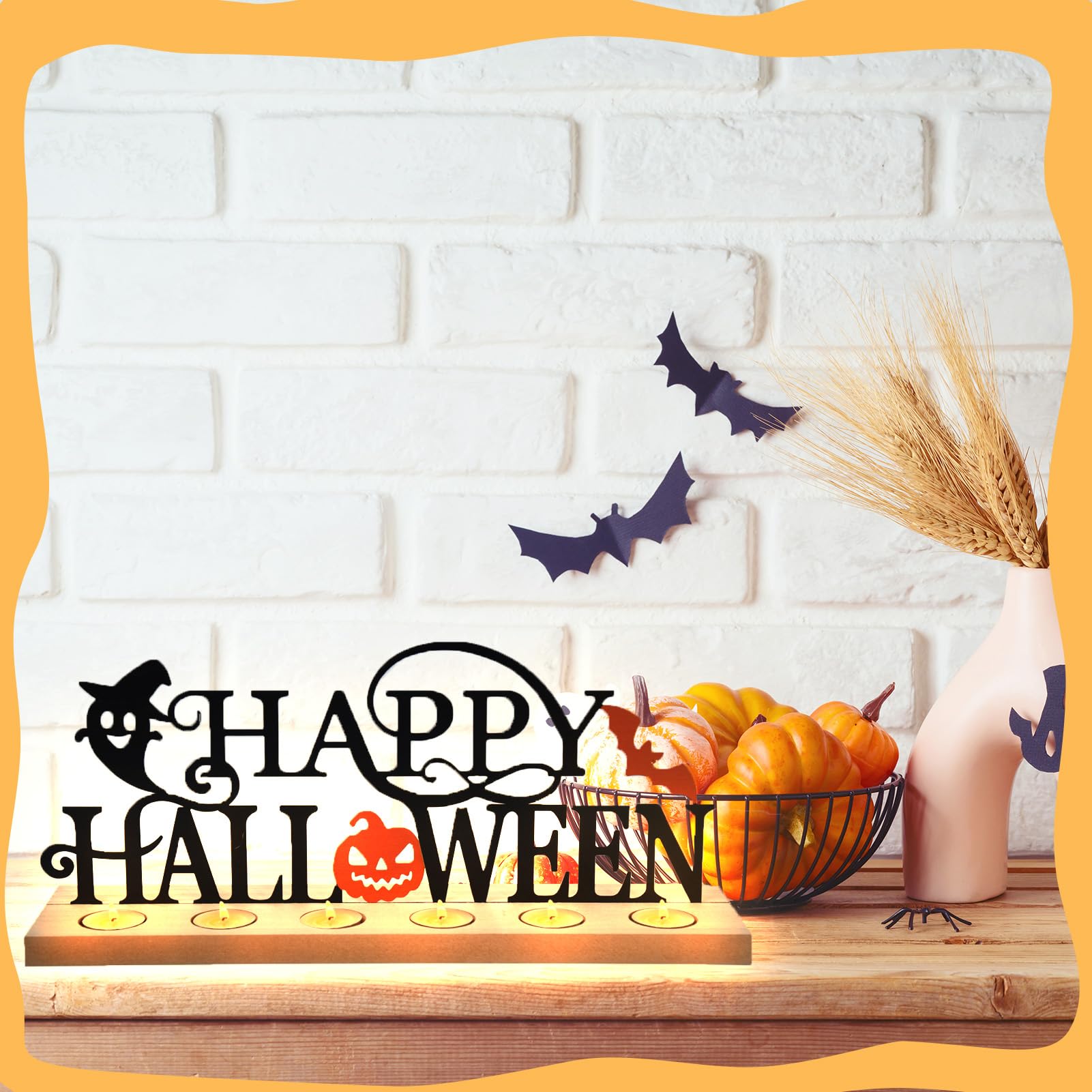 Happy Halloween Tabletop Sign with Wooden Base & 18 Tealights – Metal Pumpkin, Bat & Ghost Table Decor (Halloween Edition)