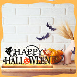 Happy Halloween Tabletop Sign with Wooden Base & 18 Tealights – Metal Pumpkin, Bat & Ghost Table Decor (Halloween Edition)