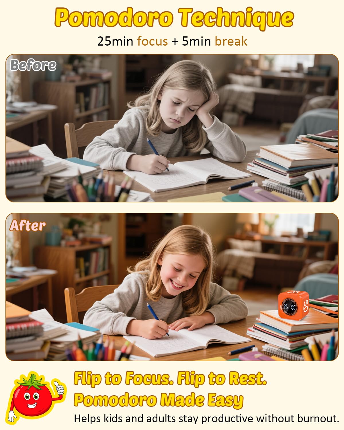 Kids Pomodoro Flip Cube Timer with Visual LED Time Ring, Silent Focus Mode & USB-C Rechargeable – Orange