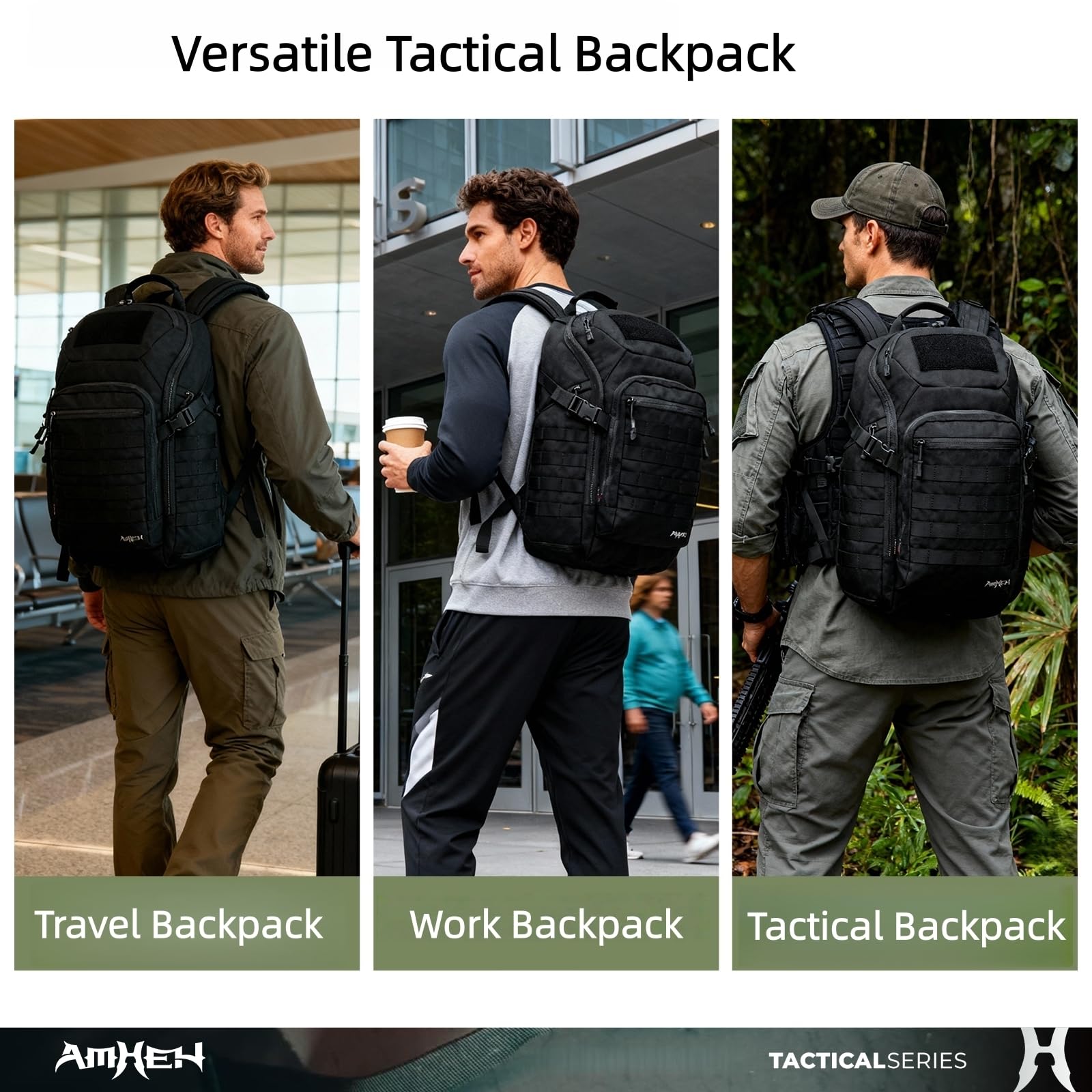 AMHEH 32L Military Tactical Backpack – Rugged MOLLE Carry-On Assault Pack with 17” Laptop Compartment – Black