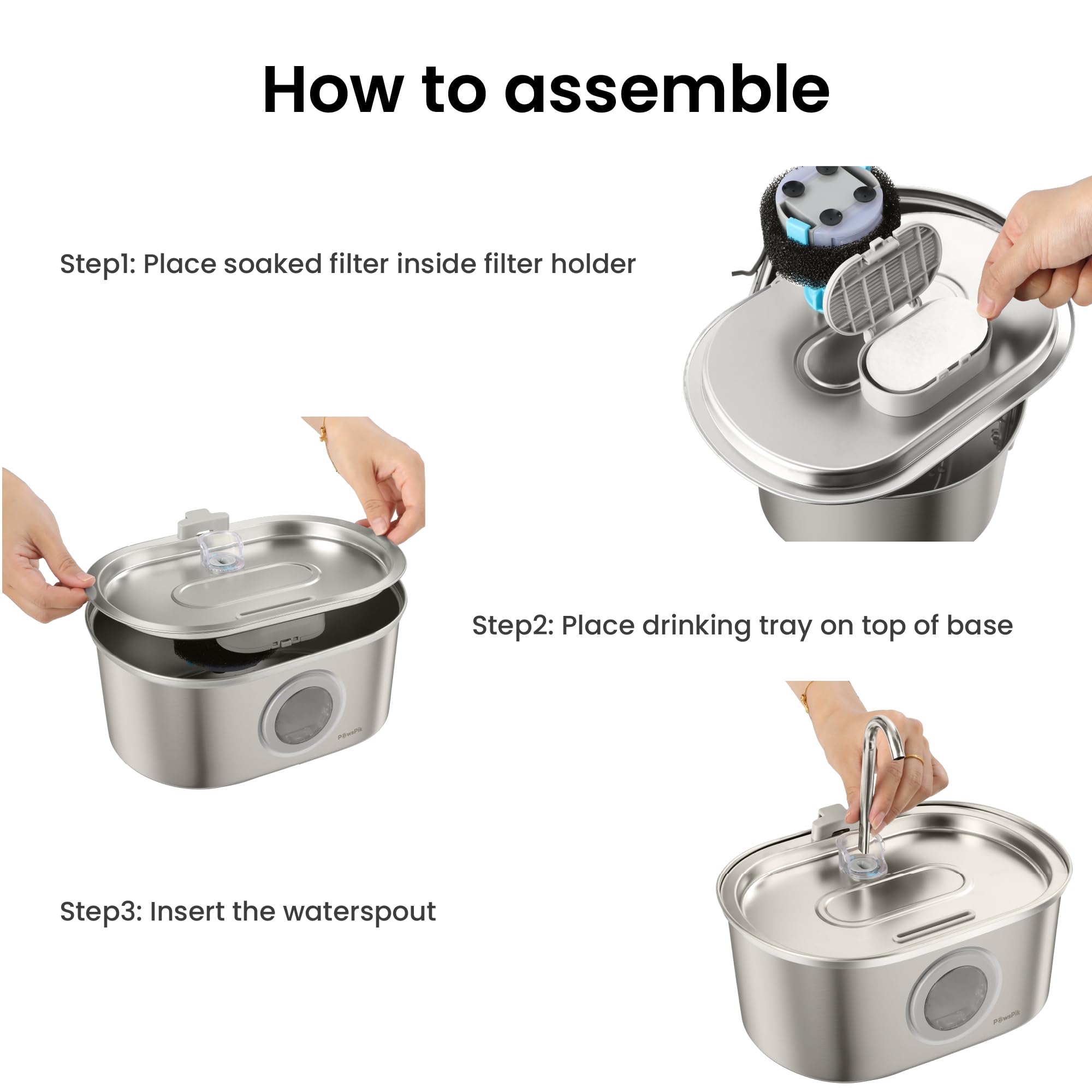PawsPik 18/8 Stainless Steel Cat Water Fountain 13.5 Cups – Ultra Quiet Filtered Drinking System