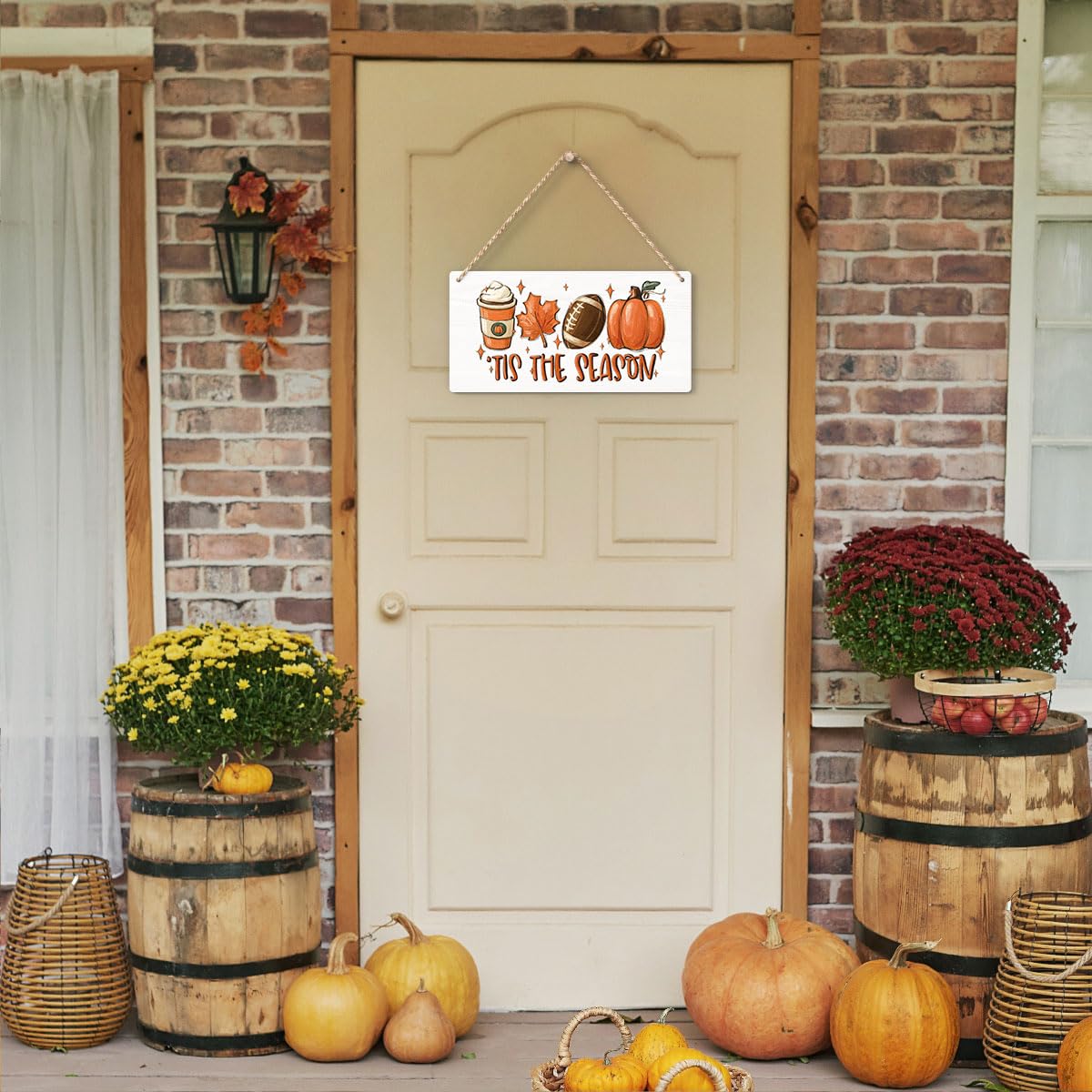 Fall Hanging Wooden Sign – Rustic Maple Leaf, Pumpkin & Football Wall Decor for Home & Porch