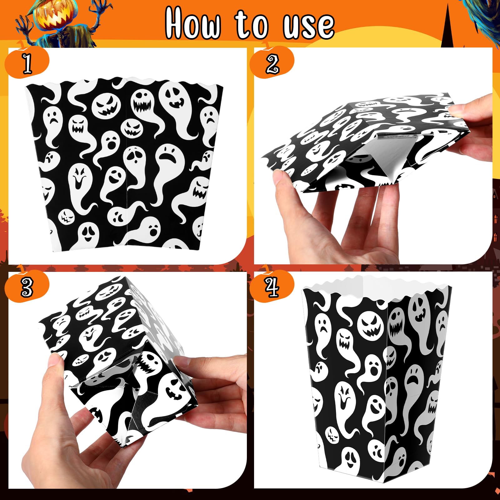 Roshtia 24 Pcs Halloween Theme Party Popcorn Favor Boxes in 6 Designs Snack Treat Box Candy Cookie Container Event Party Favor Supplies, Halloween Snacks(Figure)