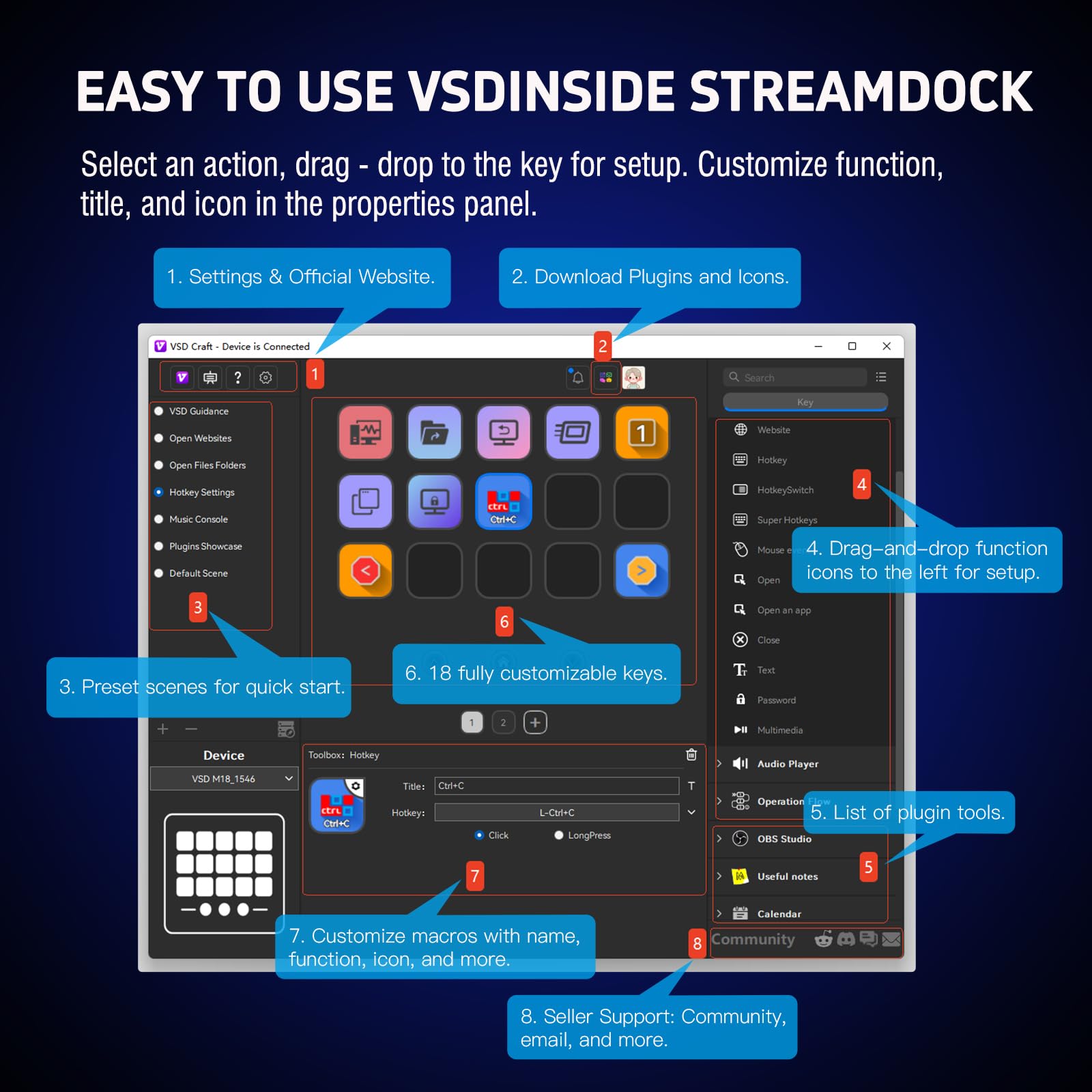 VSDinside 18-Key Programmable Macro Keypad Stream Controller with LCD Visual Keys & RGB Ring for Gaming, Streaming and Workflow Control
