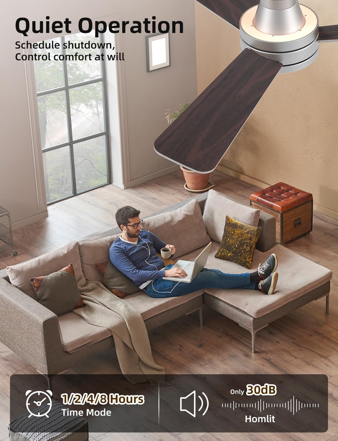 Homlit 42” Smart RGB Ceiling Fan with Music Sync, Alexa Control & Whisper-Quiet DC Motor – Silver