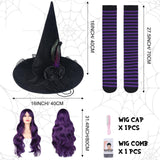 Purple Witch Costume Accessories Set – 3-Piece Halloween Kit with Black Hat, Wig & Striped Stockings