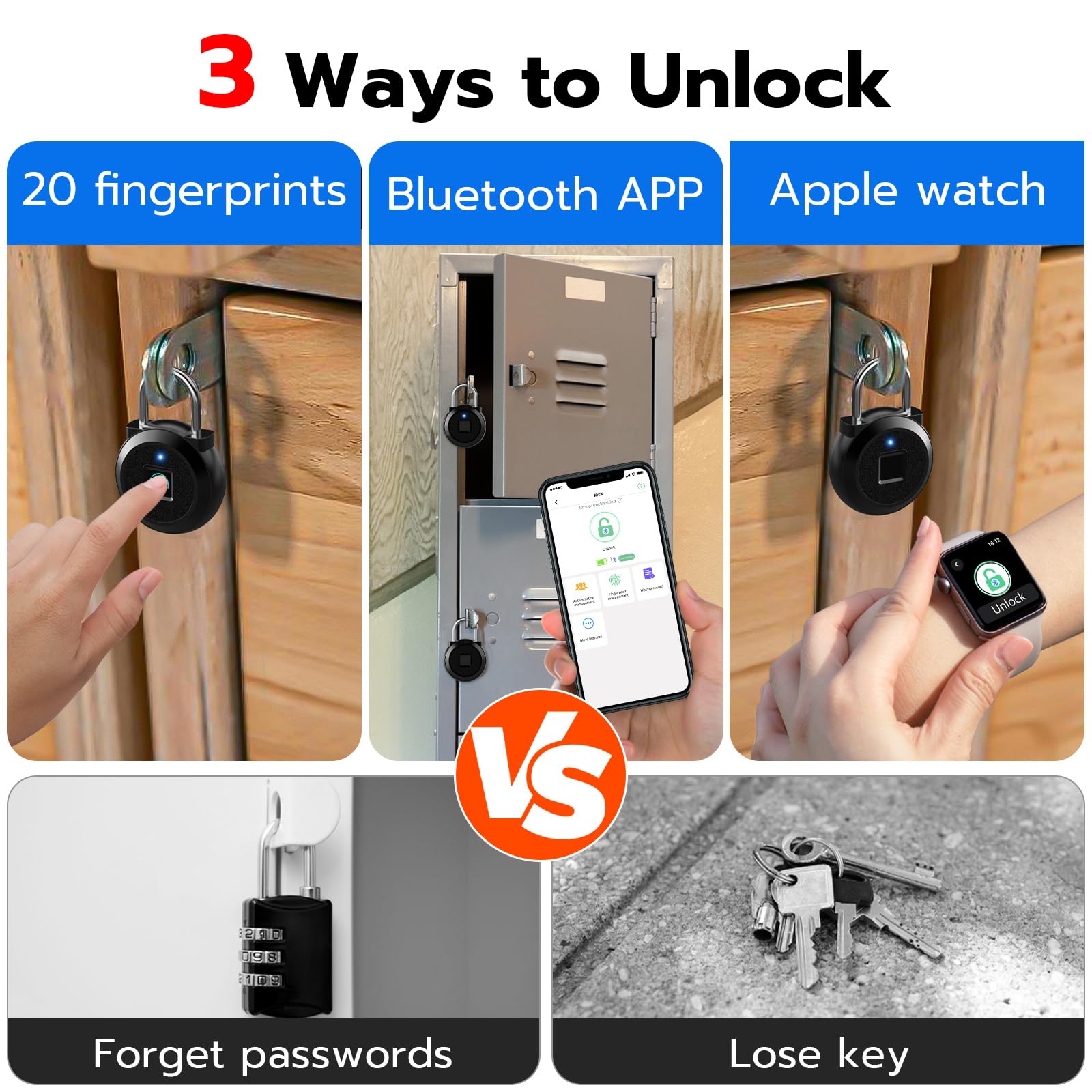 Bluetooth Fingerprint Smart Padlock, USB Rechargeable Biometric Locker Lock for Gym, School, Cabinets & Travel Bags