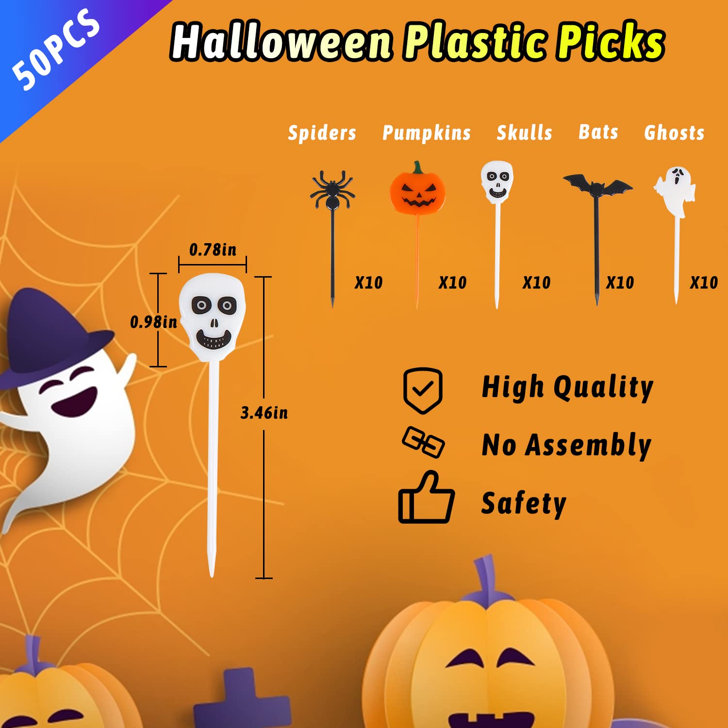 Halloween Cupcake Toppers – 50 Pcs Reusable Party Picks Set (Pumpkin, Ghost, Spider, Bat & Skeleton Designs)