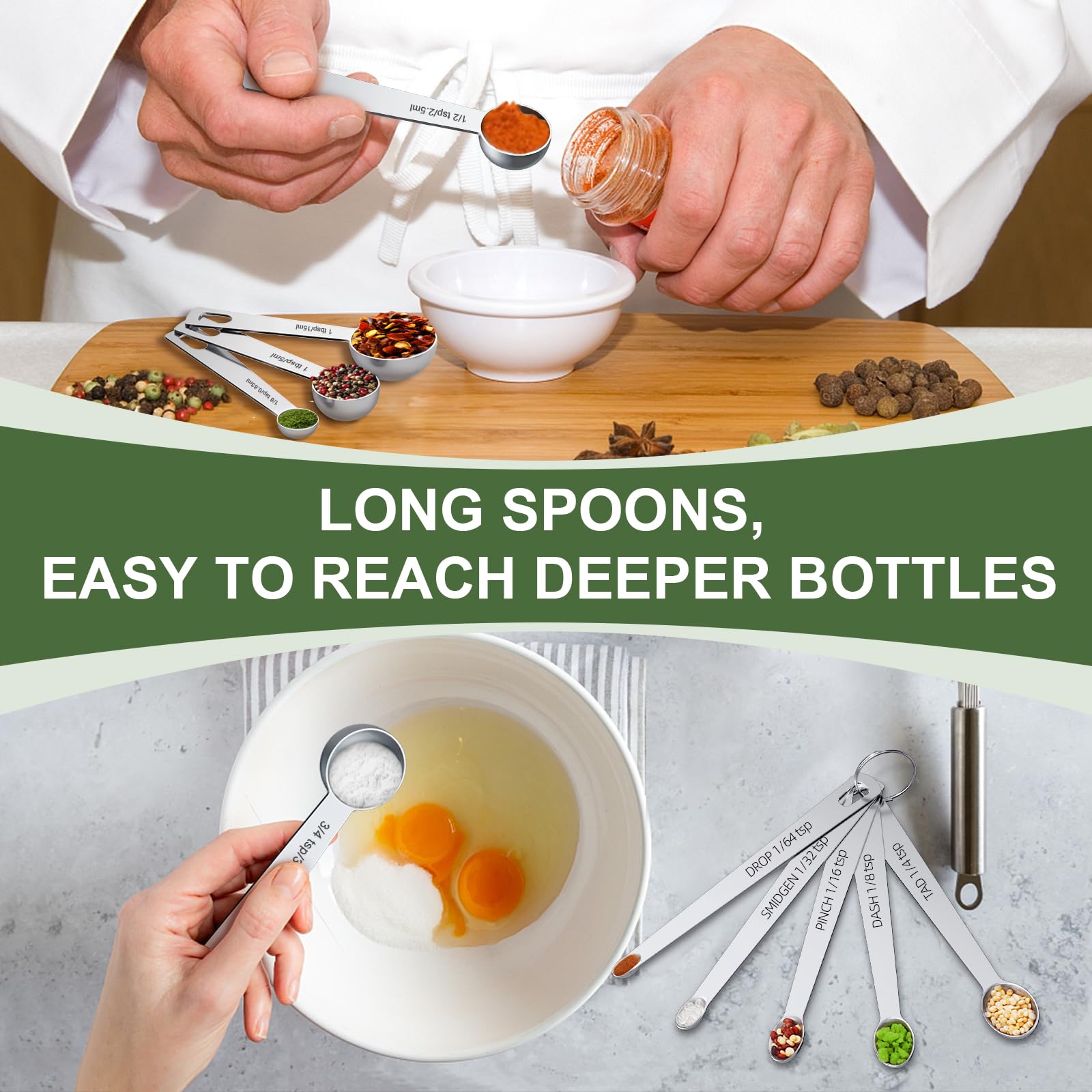 14-Piece Stainless Steel Measuring Cups & Spoons Set – One-Piece Design, Rust Resistant (Silver)