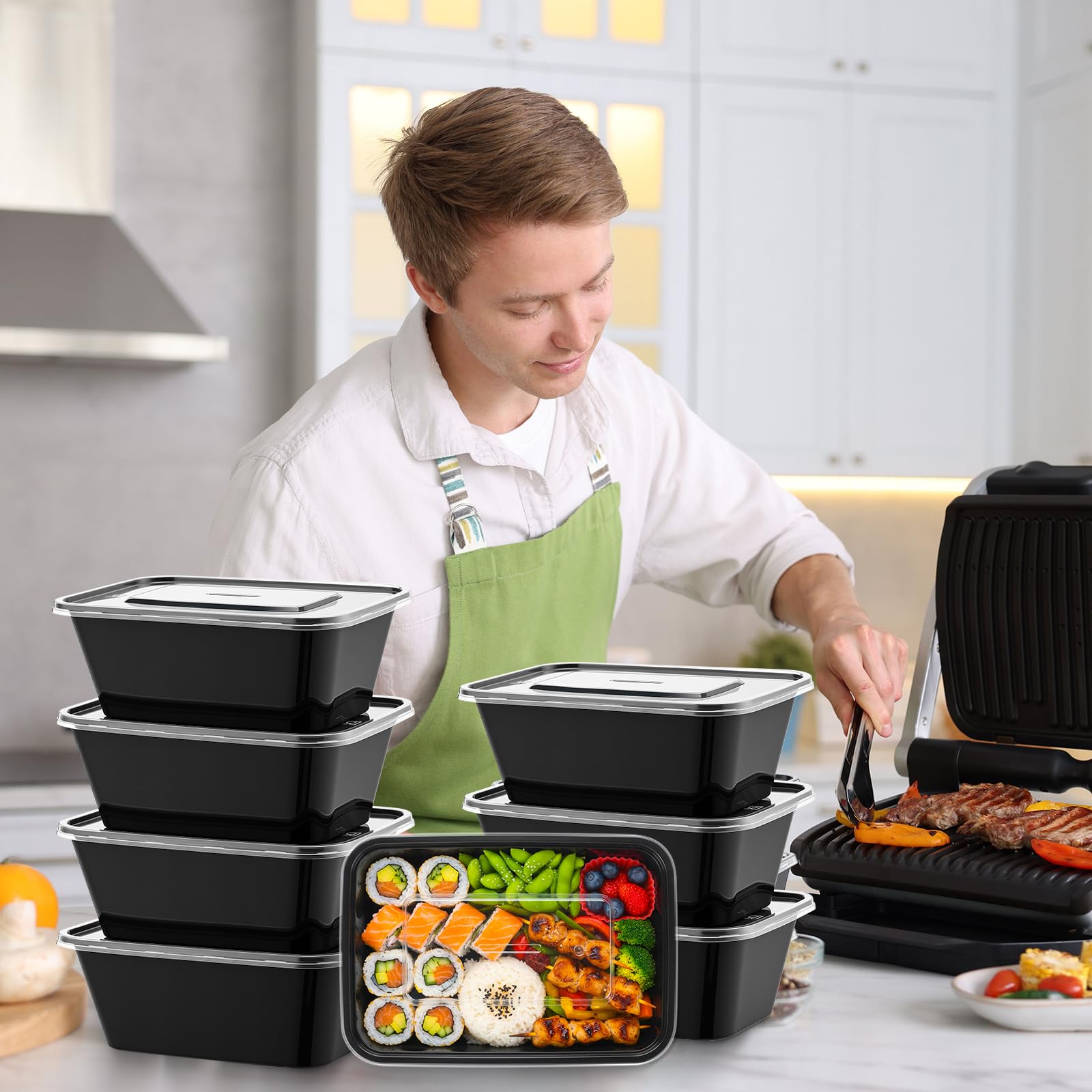 Disposable Lunch Boxes with Lids – 34oz Double Compartment Meal Prep Containers, 100 Pack (Black)