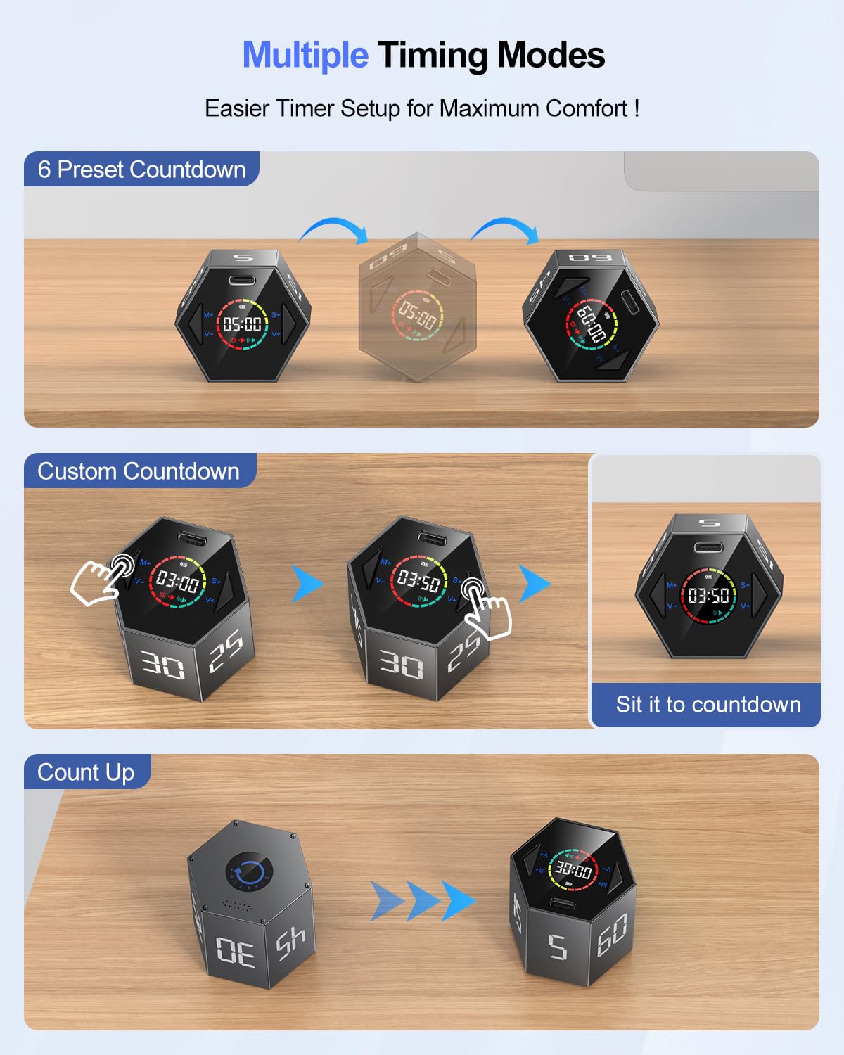 Ticktime Hexagon Pomodoro Timer with Flip Control, Pause & Resume, Custom Countdown & Count-Up, Magnetic Rechargeable Focus Timer with Silent, Vibration & Sound Alerts – Gray