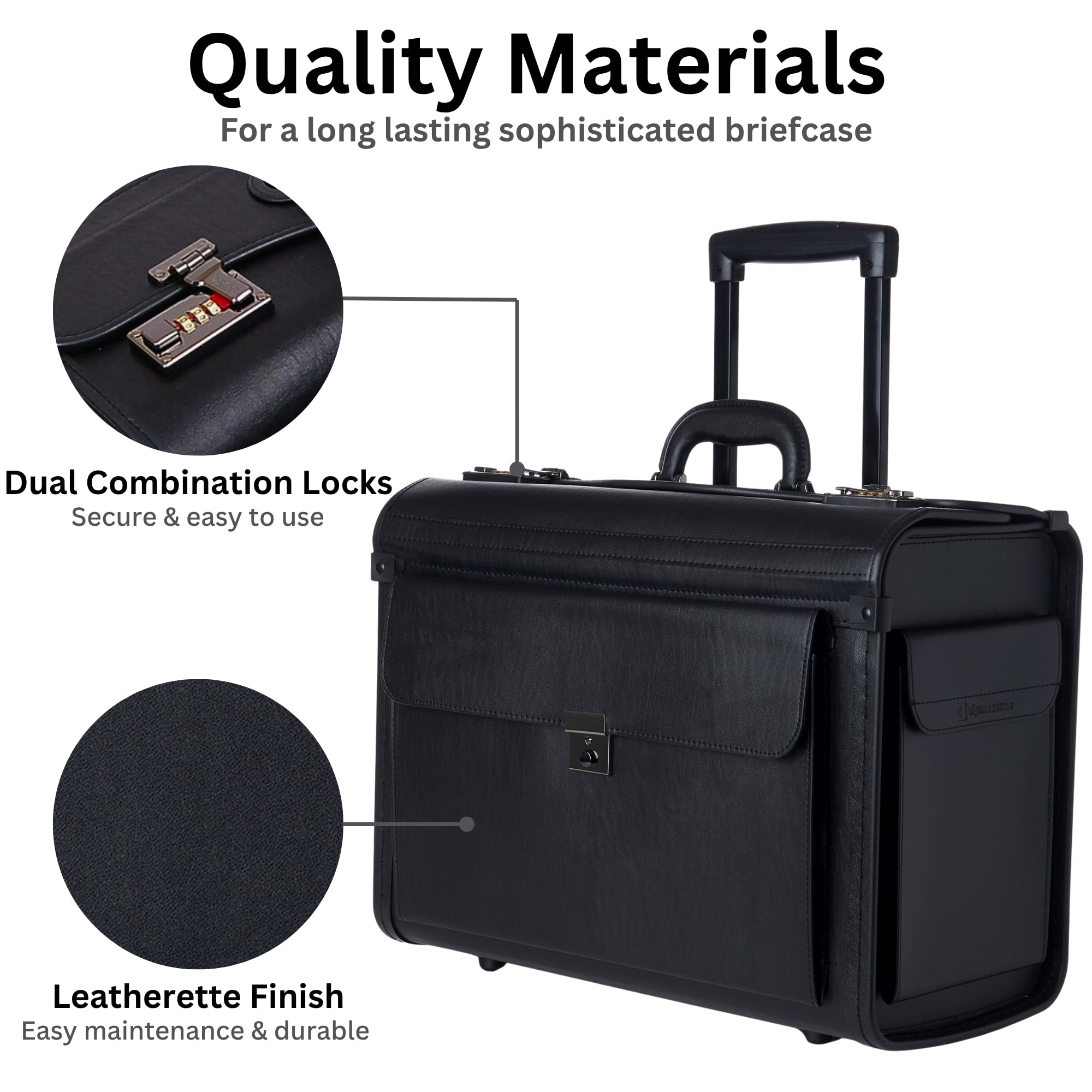 Alpine Swiss 17-Inch Rolling Laptop Briefcase with Wheels & Combination Locks – Black
