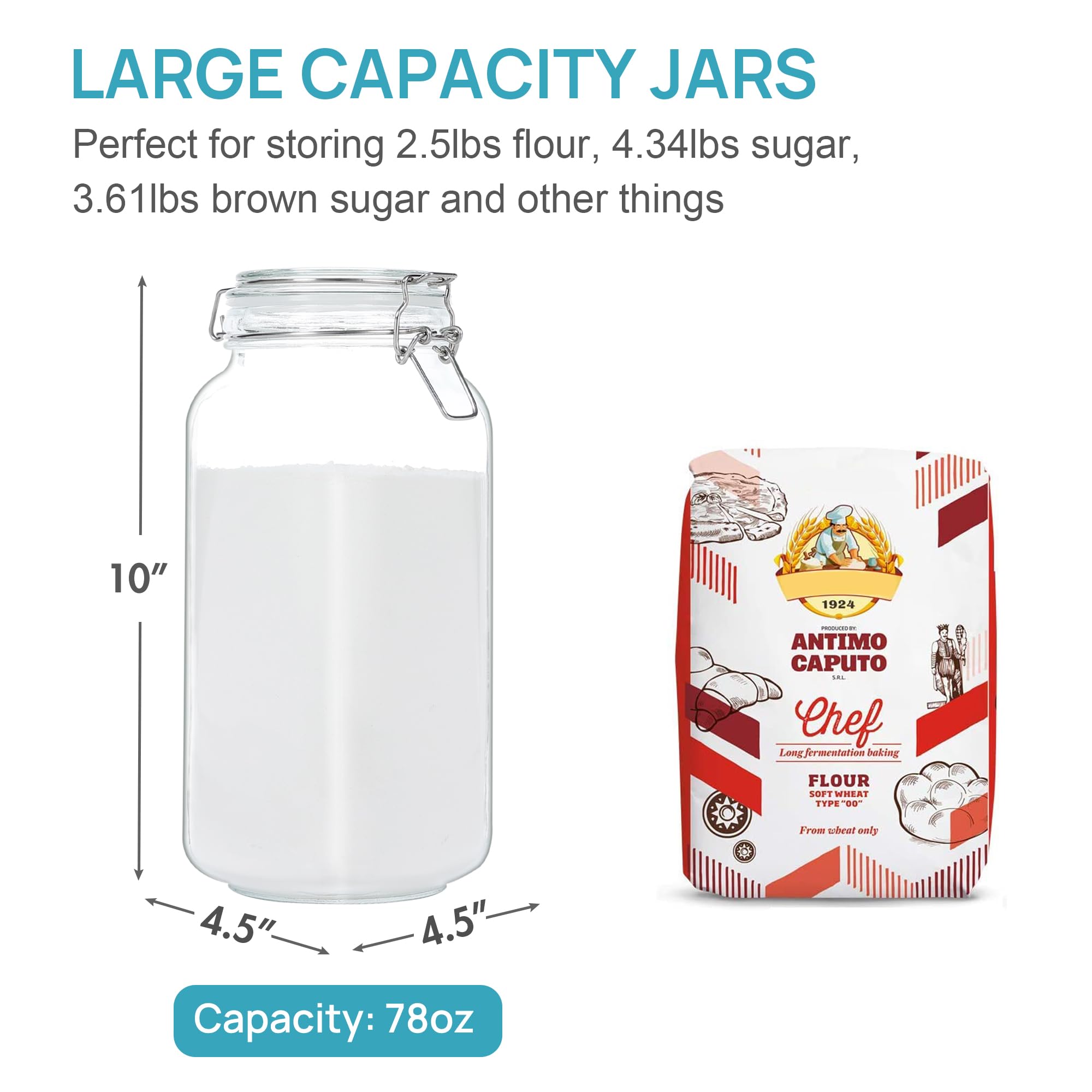 Vtopmart 78oz Glass Food Storage Jars with Airtight Clamp Lids – 3-Pack Large Kitchen Canisters with Reusable Labels