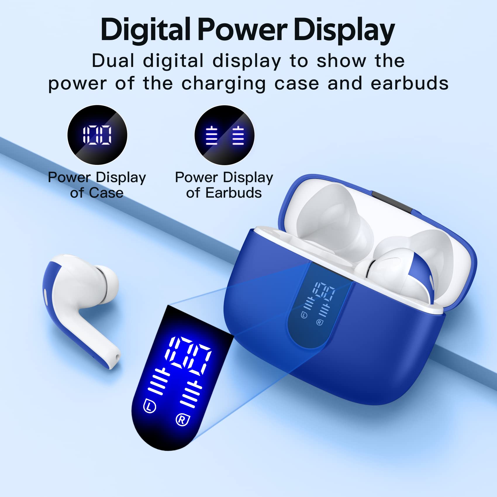 TAGRY X08 Wireless Bluetooth Earbuds Ocean Blue with LED Power Display, Wireless Charging Case & 60H Playback – Waterproof Stereo Headphones