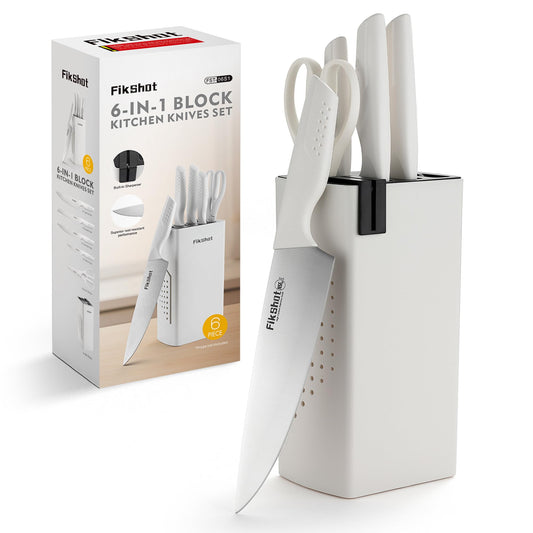 6-Piece Stainless Steel Knife Block Set with Built-In Sharpener – NSF Certified (White)