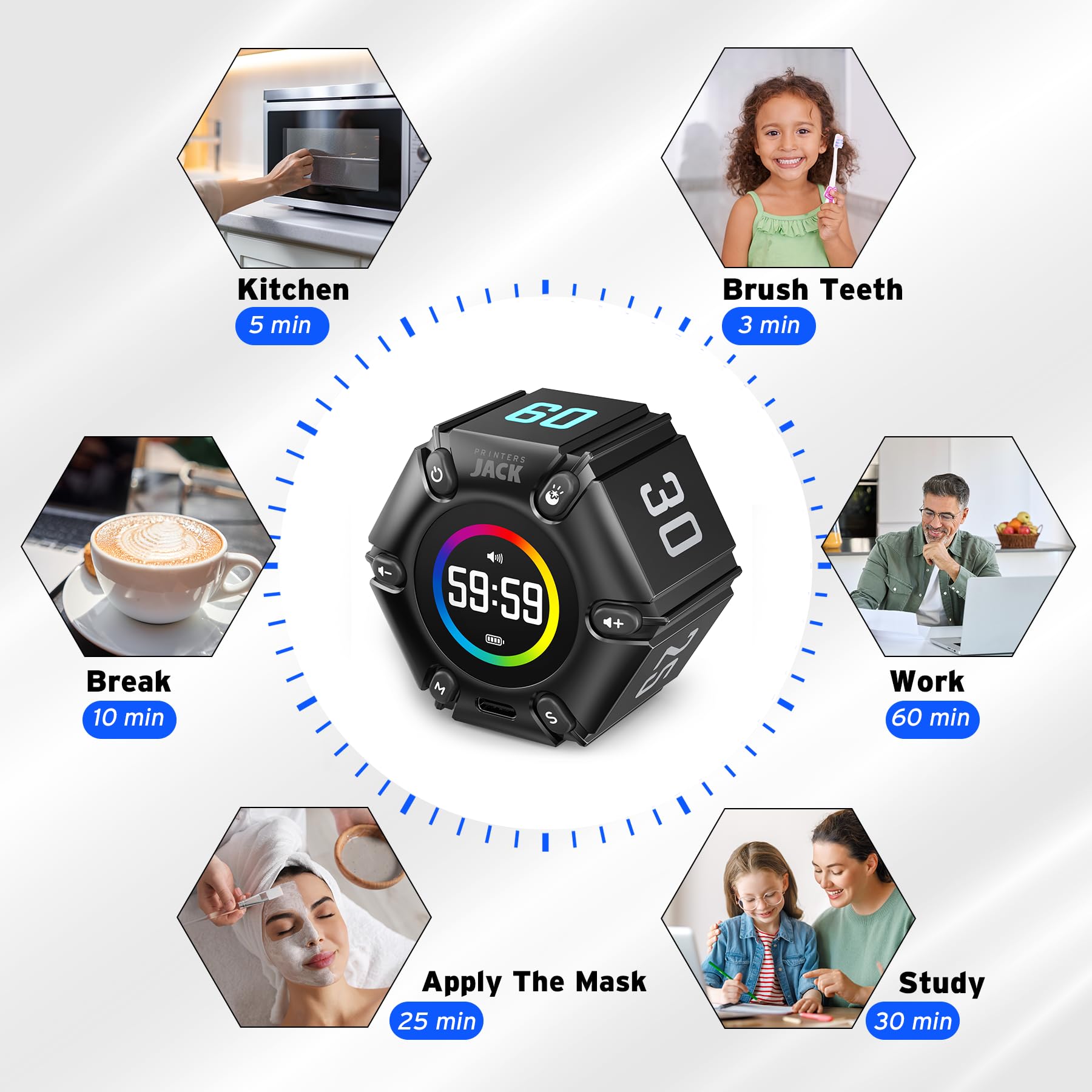 JACK Pomodoro Timer Productivity Cube with Visual Display, 3-5-10-25-30-60 Min Presets, Mute/Vibration/Sound Alerts, Rechargeable Focus Timer for Office, Study & ADHD – Real Black