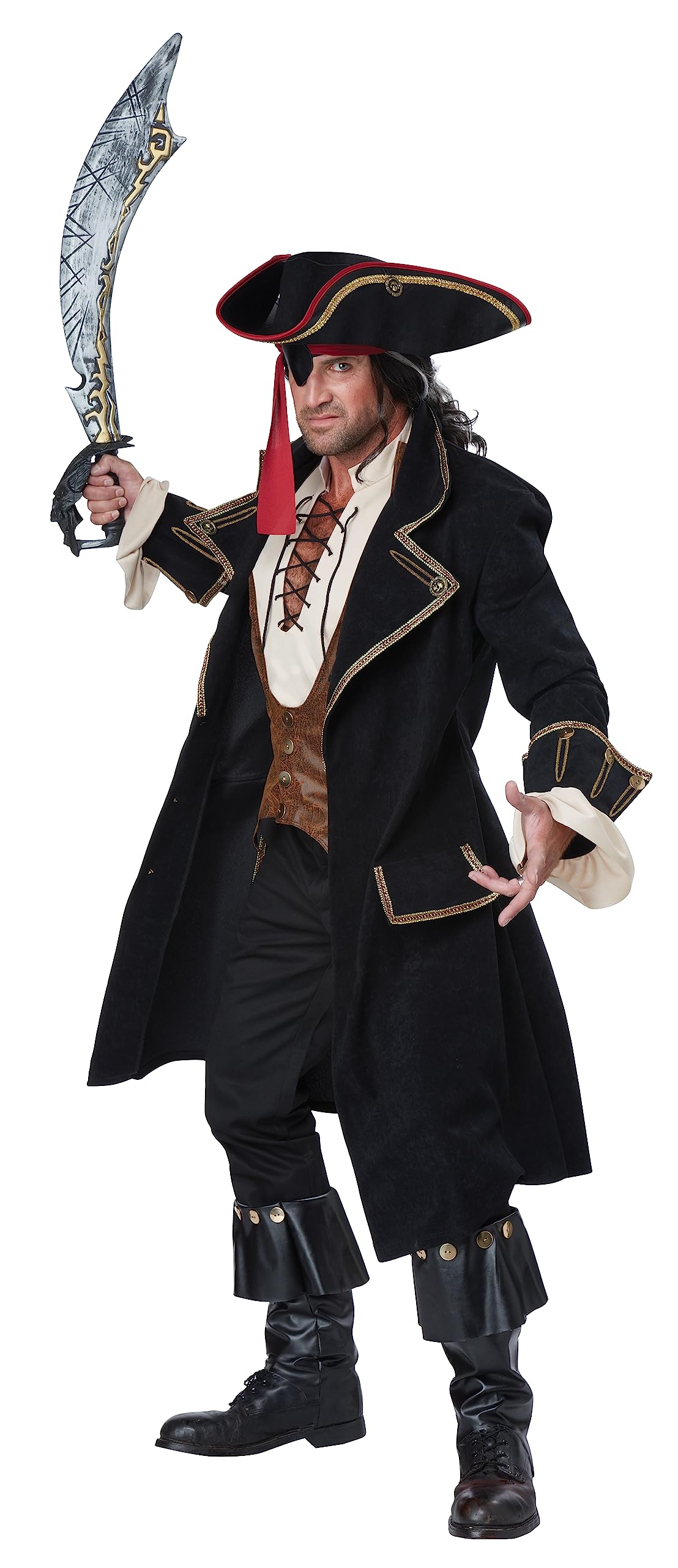 Deluxe Pirate Captain Costume for Men – Black & Brown Long Coat with Vest & Boot Covers (X-Large)