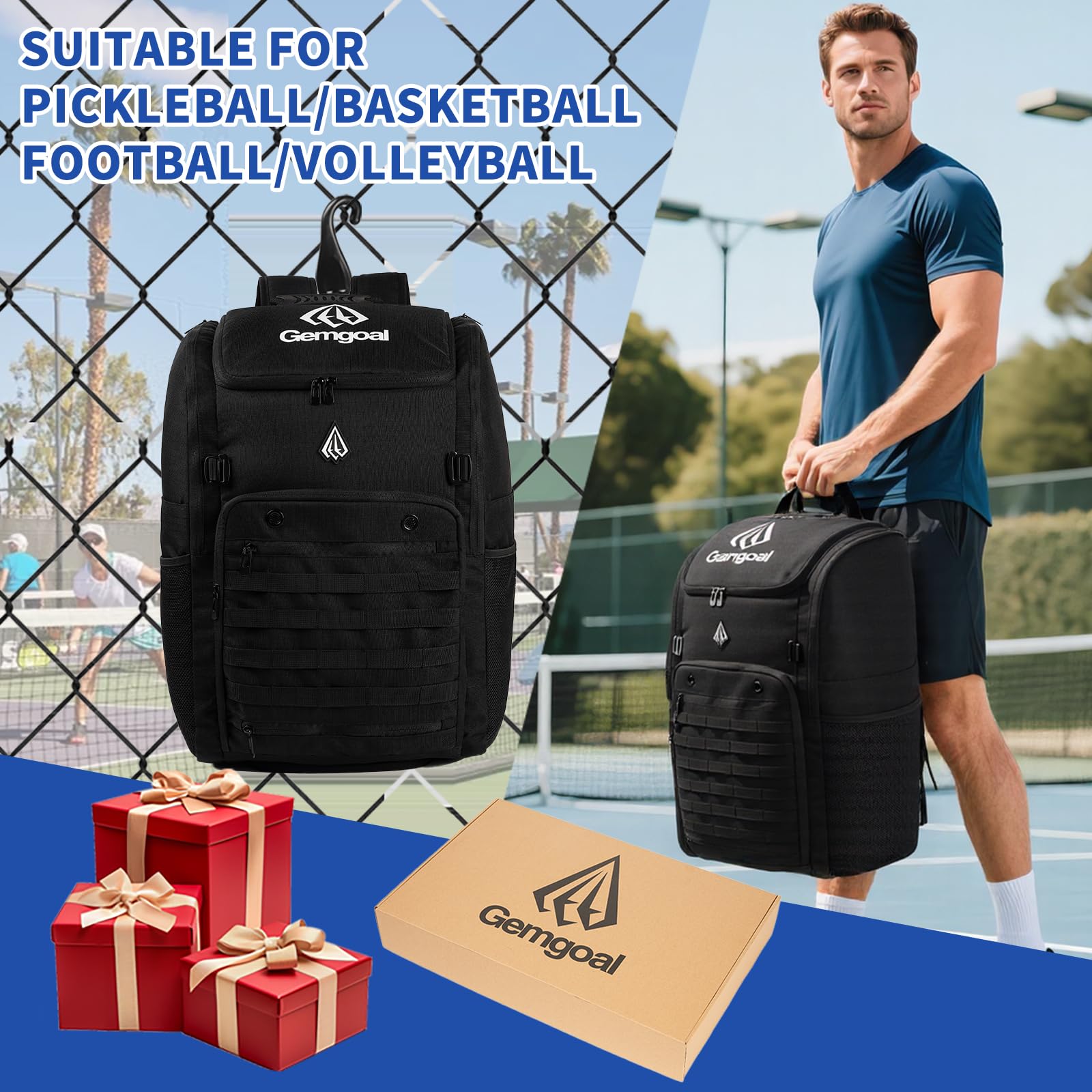 GEMGOAL Extra Large Pickleball Backpack for 4 Rackets with Shoe Compartment & Fence Hook – 52L – Black