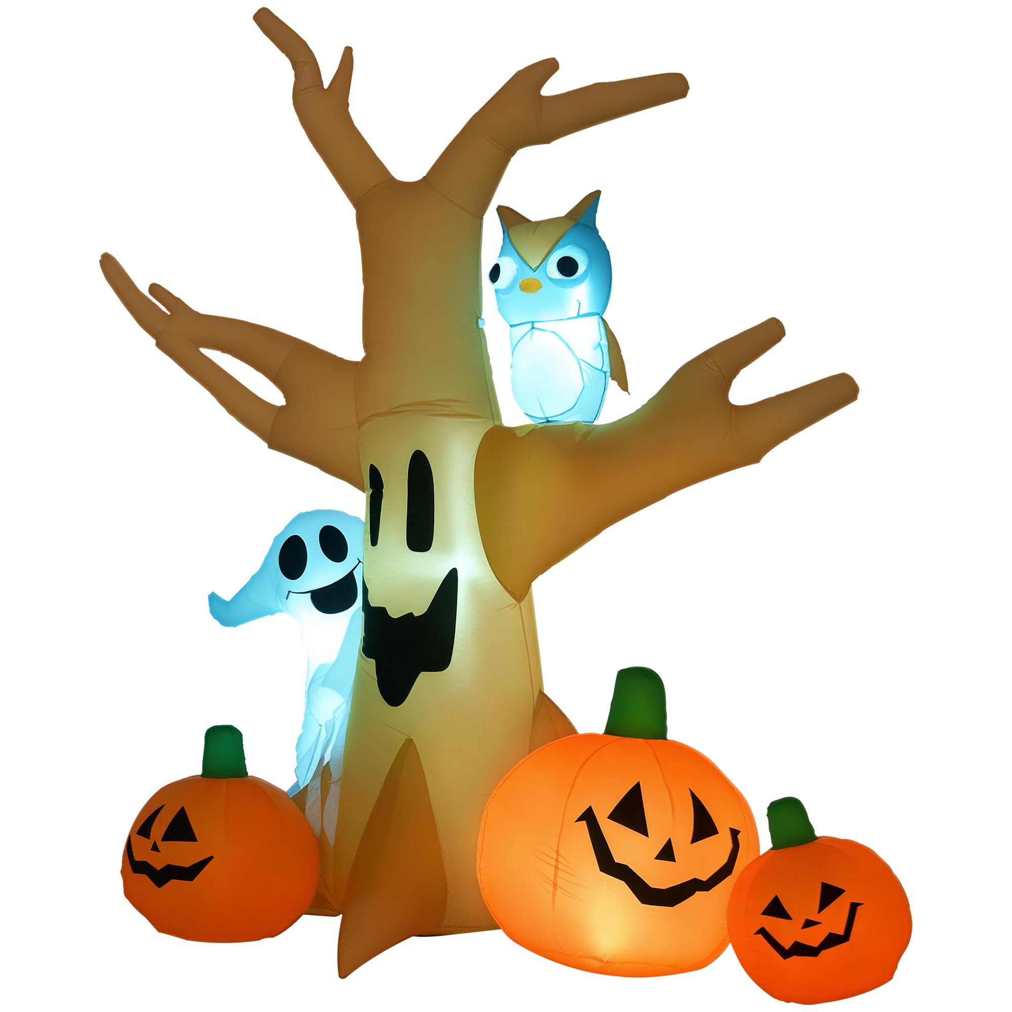 7.5FT Inflatable Halloween Tree with Ghost, Owl & Pumpkins – Lighted Outdoor Yard Decoration with LED Lights, Stakes & Sandbags