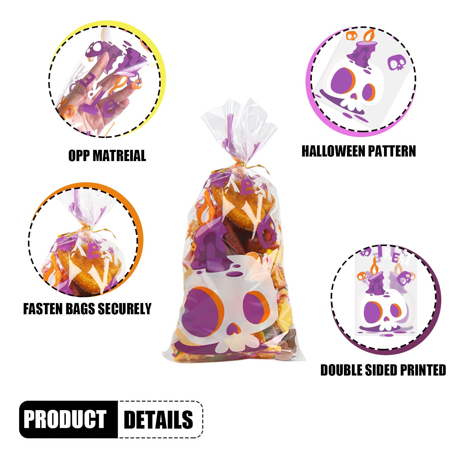 Halloween Treat Bags Set – 200 Cellophane Candy Bags with 240 Twist Ties (4 Festive Designs)