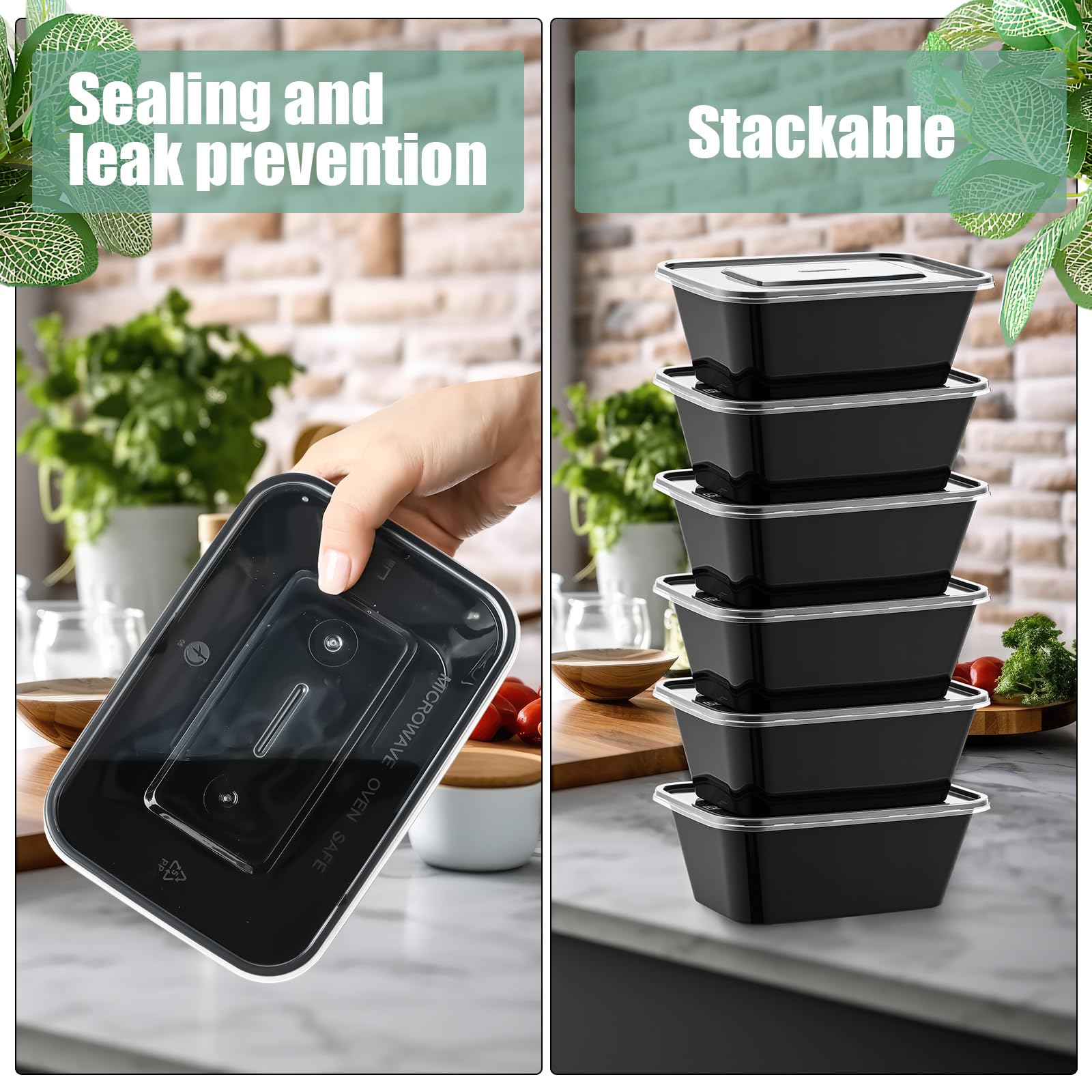 Disposable Lunch Boxes with Lids – 34oz Double Compartment Meal Prep Containers, 100 Pack (Black)