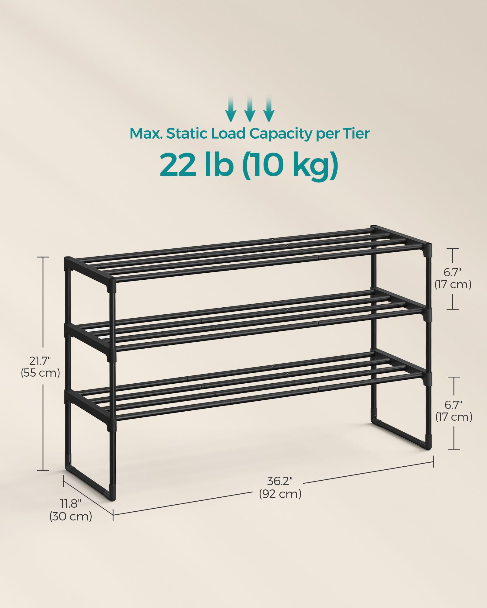 SONGMICS 3-Tier Metal Shoe Rack – Stackable, Flip-Design Shoe Organizer for Entryway & Closet (Black)