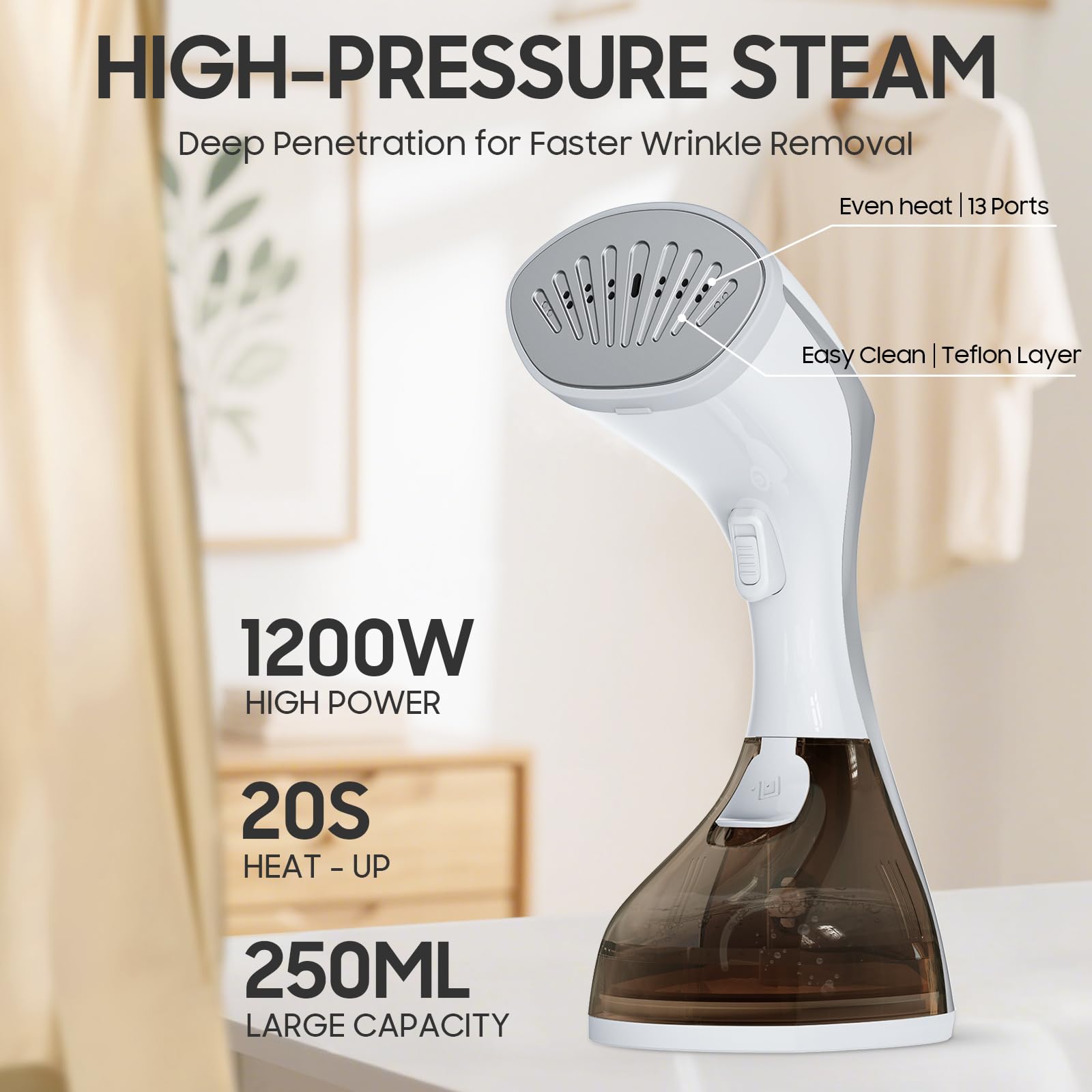 2-in-1 Handheld Garment Steamer Iron 1200W Fast Heat Portable Wrinkle Remover with Leak-Proof Design
