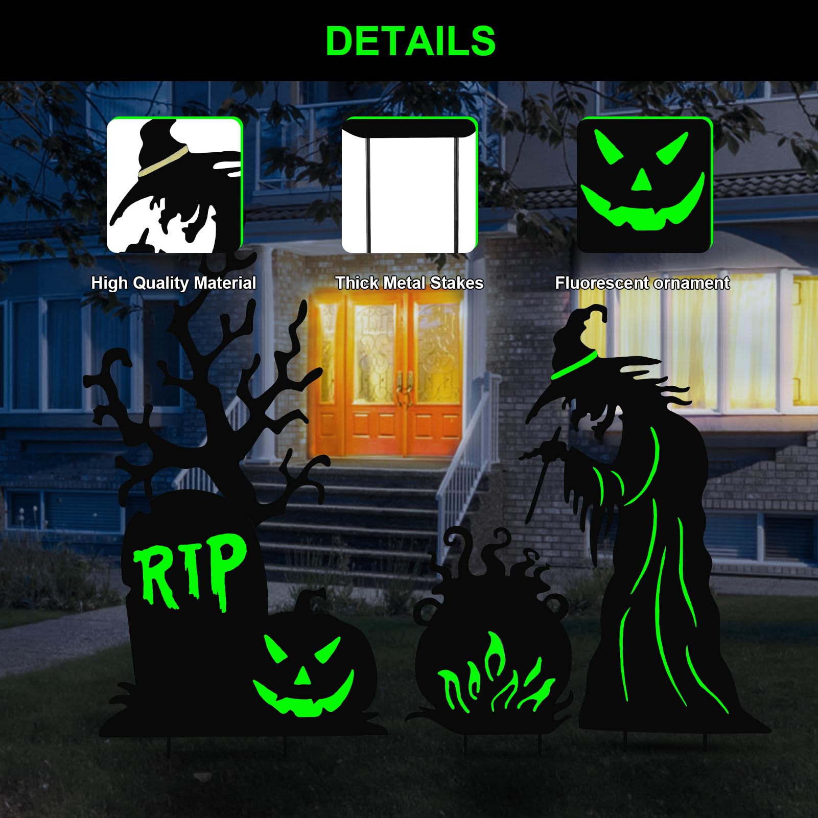 Metal Halloween Yard Stakes – Witch, Tombstone & Cauldron Silhouette Set with Fluorescent Green Glow (Waterproof Outdoor Decor)