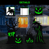 Metal Halloween Yard Stakes – Witch, Tombstone & Cauldron Silhouette Set with Fluorescent Green Glow (Waterproof Outdoor Decor)