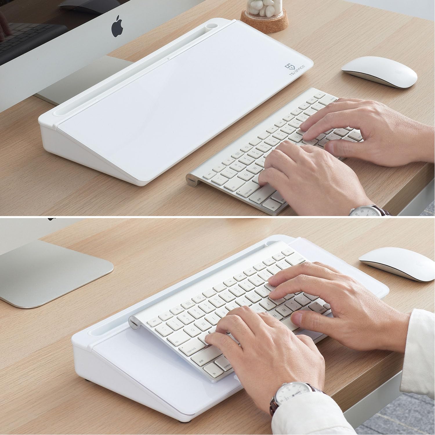 TSJ Office Glass Desktop Whiteboard Keyboard Stand with Hidden Drawer Storage & Accessory Tray for Organized Workspace
