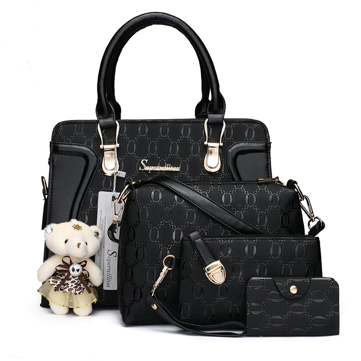 Women’s Fashion Handbag Set – 4PCS Tote, Shoulder Bag, Crossbody & Wallet Purse Set (A-Black)